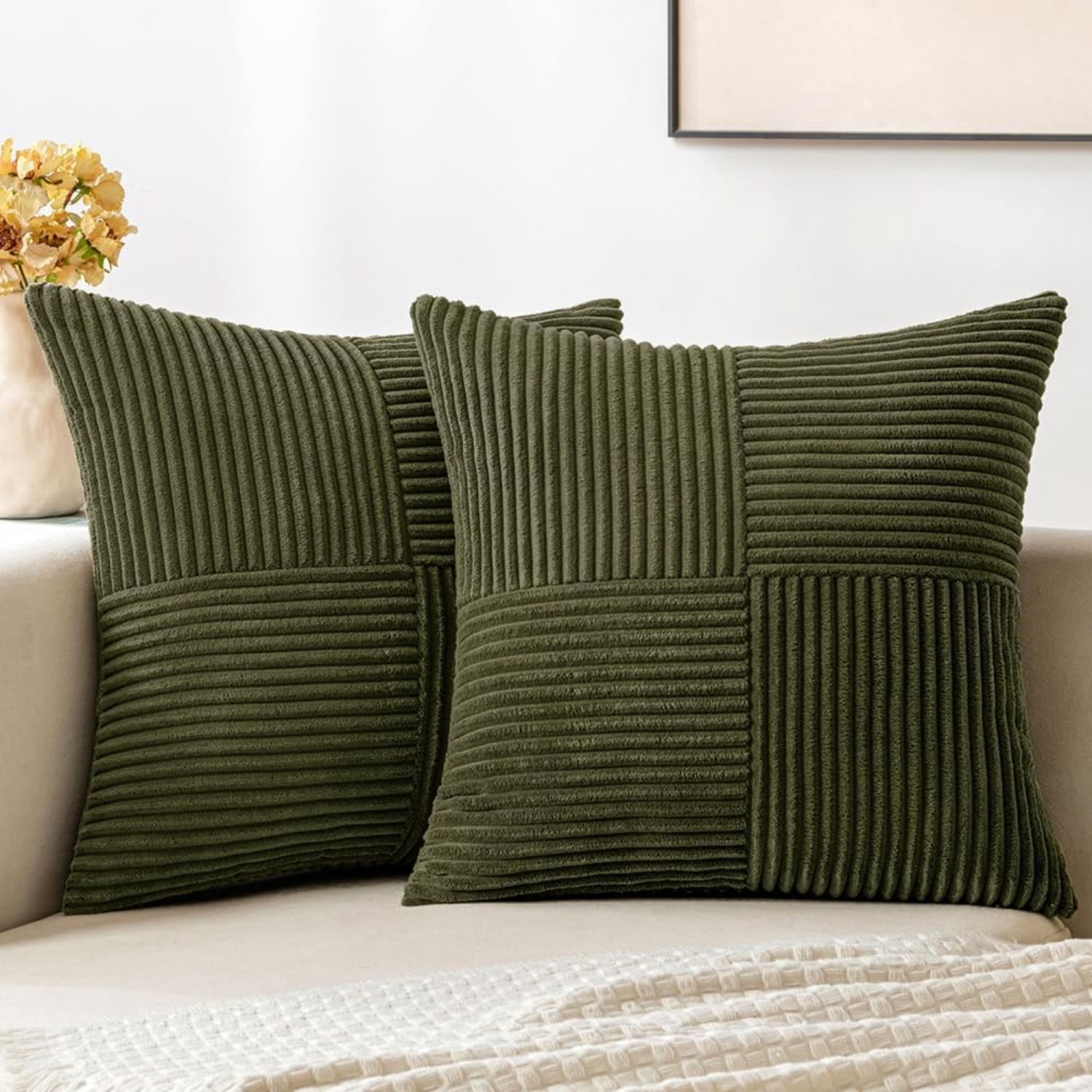 Olive Couvertures d'oreiller en Cordoue Verte 2 Boho Décoratif Spliced Soft Solid Couch Oreiller cases Cross Patchwork Coussin texturé Couvre pour salon lit Canapé 18x18 de pouce