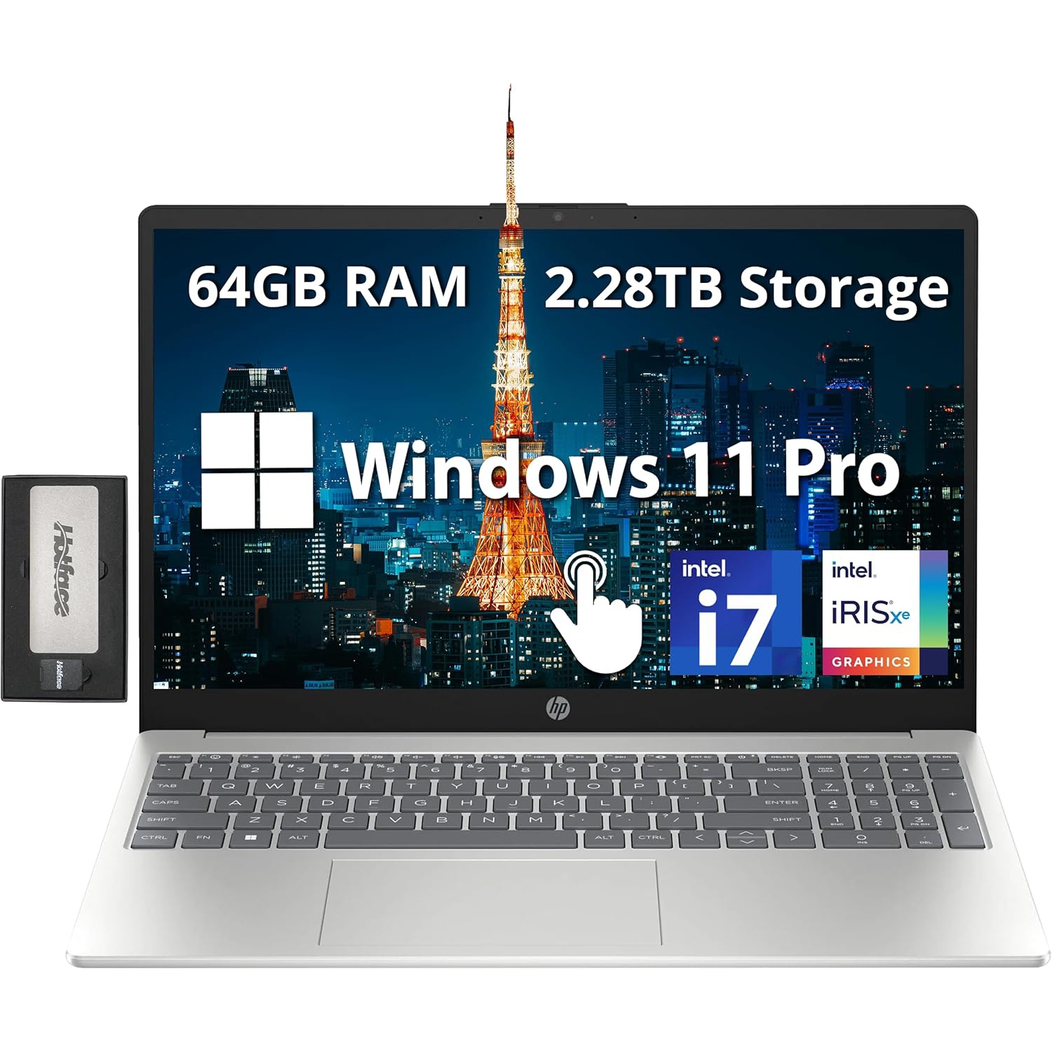 HP 15.6" FHD IPS Touchscreen Laptop, Intel i7-1255U, 2.28TB Storage(2TB SSD+288GB Docking Station Set), 64GB DDR4 RAM, Intel Iris Xe Graphics, Number Pad, Windows 11 Pro, Silver