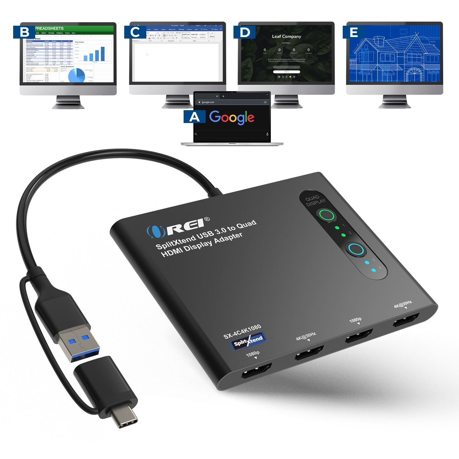 OREI SplitXtend USB 3.0 to Quad HDMI Display Adapter