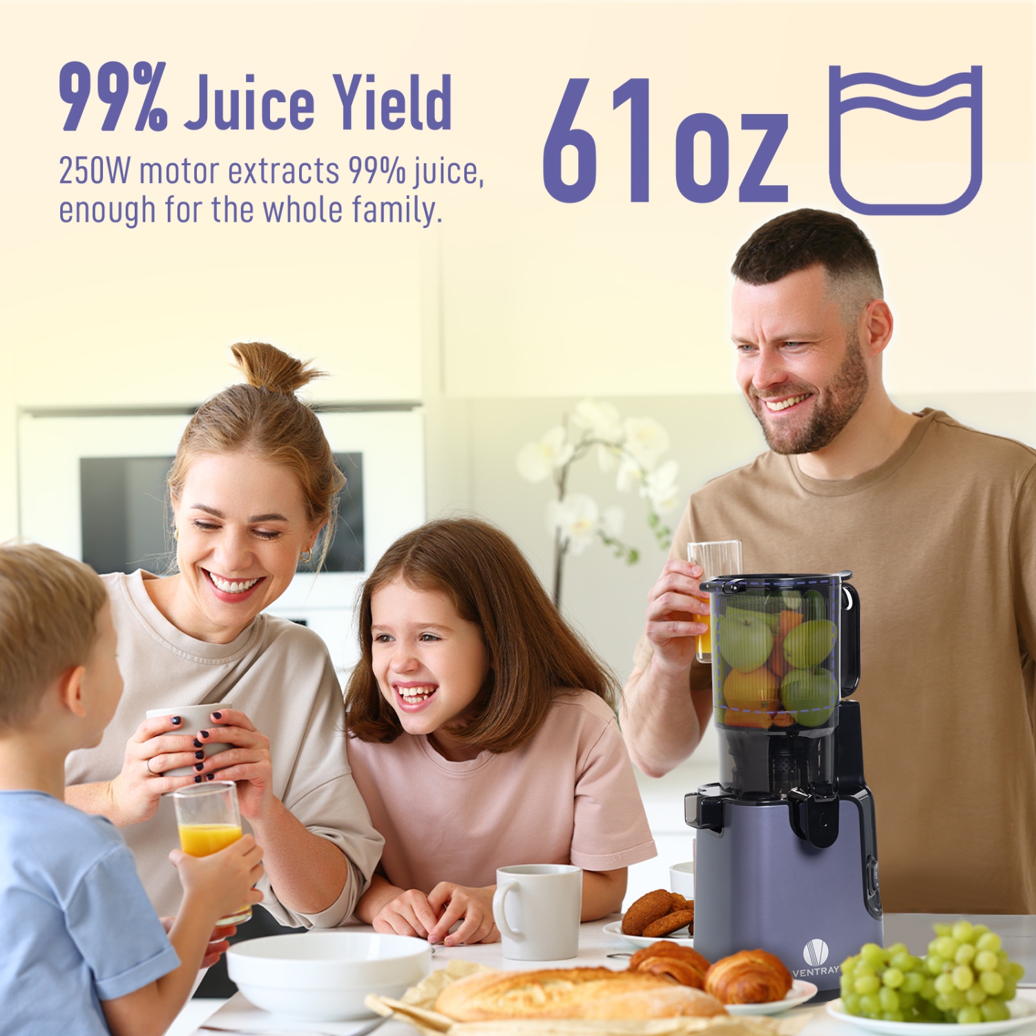 Ventray Cold Press Juicer, 5.1 Inch Large Feed Chute for Whole Fruits & Vegetables, 250W Power Masticating Juicer, Easy to Clean High Juice Yield for