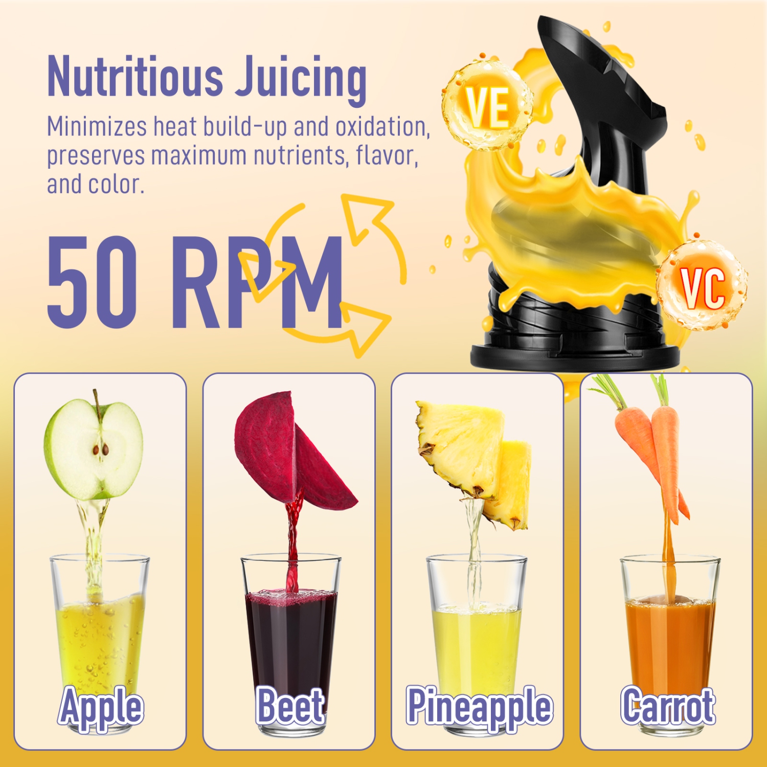 Ventray Cold Press Juicer, 5.1 Inch Large Feed Chute for Whole Fruits & Vegetables, 250W Power Masticating Juicer, Easy to Clean High Juice Yield for