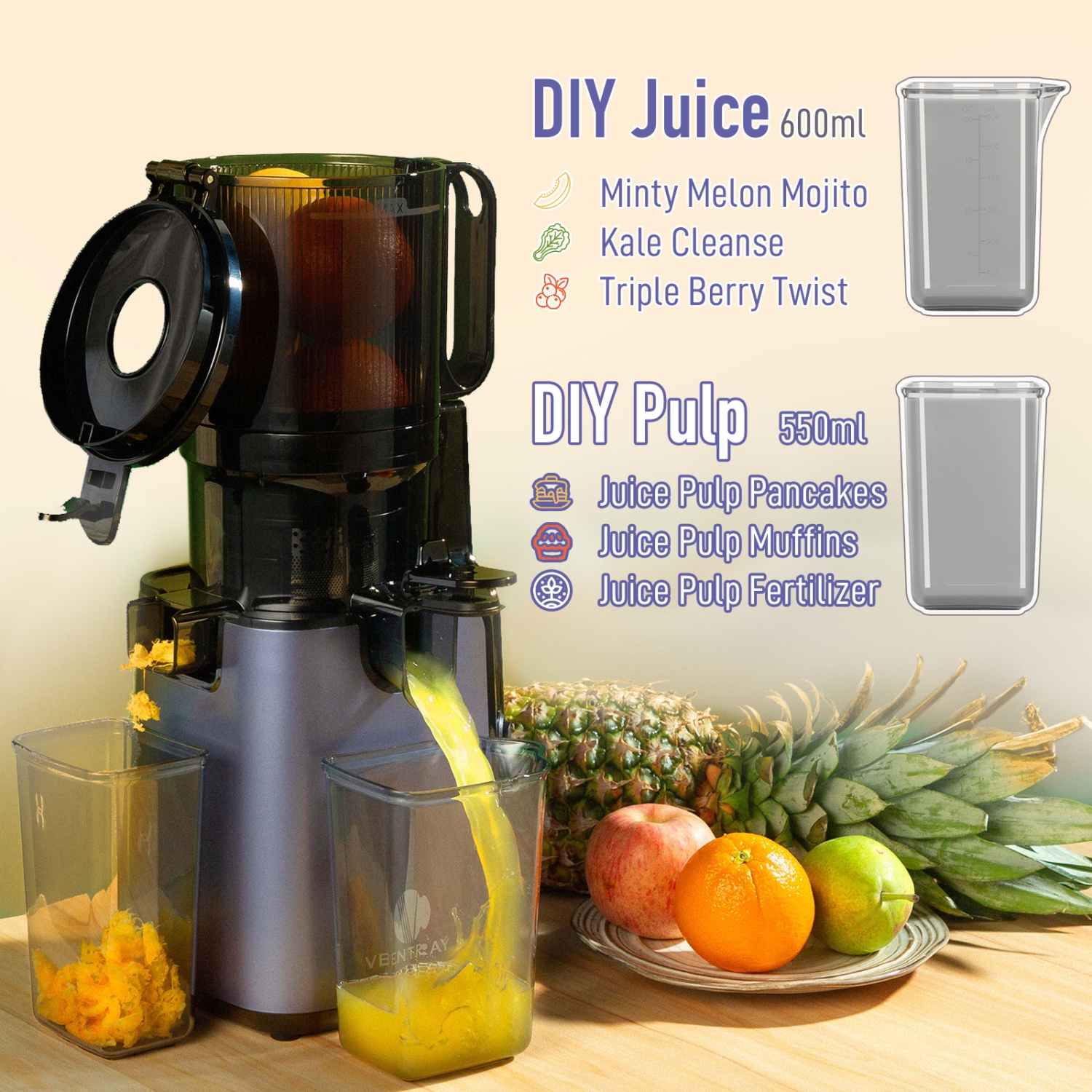 Ventray Cold Press Juicer, 5.1 Inch Large Feed Chute for Whole Fruits & Vegetables, 250W Power Masticating Juicer, Easy to Clean High Juice Yield for