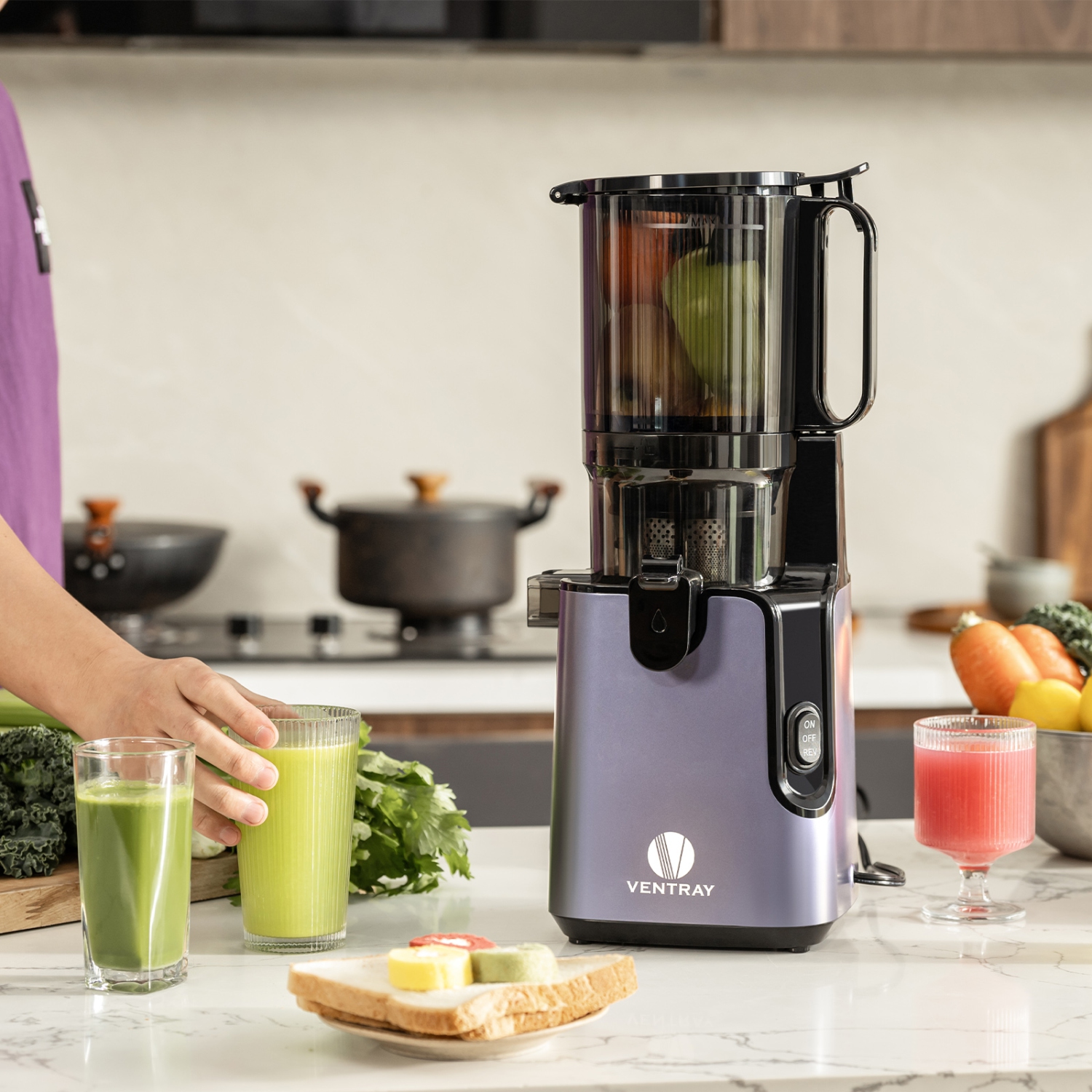 Ventray Cold Press Juicer, 5.1 Inch Large Feed Chute for Whole Fruits & Vegetables, 250W Power Masticating Juicer, Easy to Clean High Juice Yield for