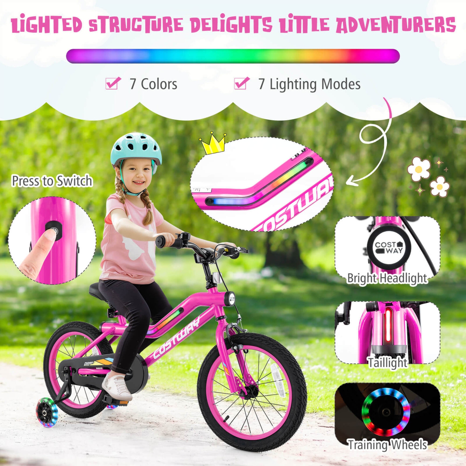 Costway 16" LED Lighted Kids Bike with Adjustable Seat Coaster Brake Training Wheels