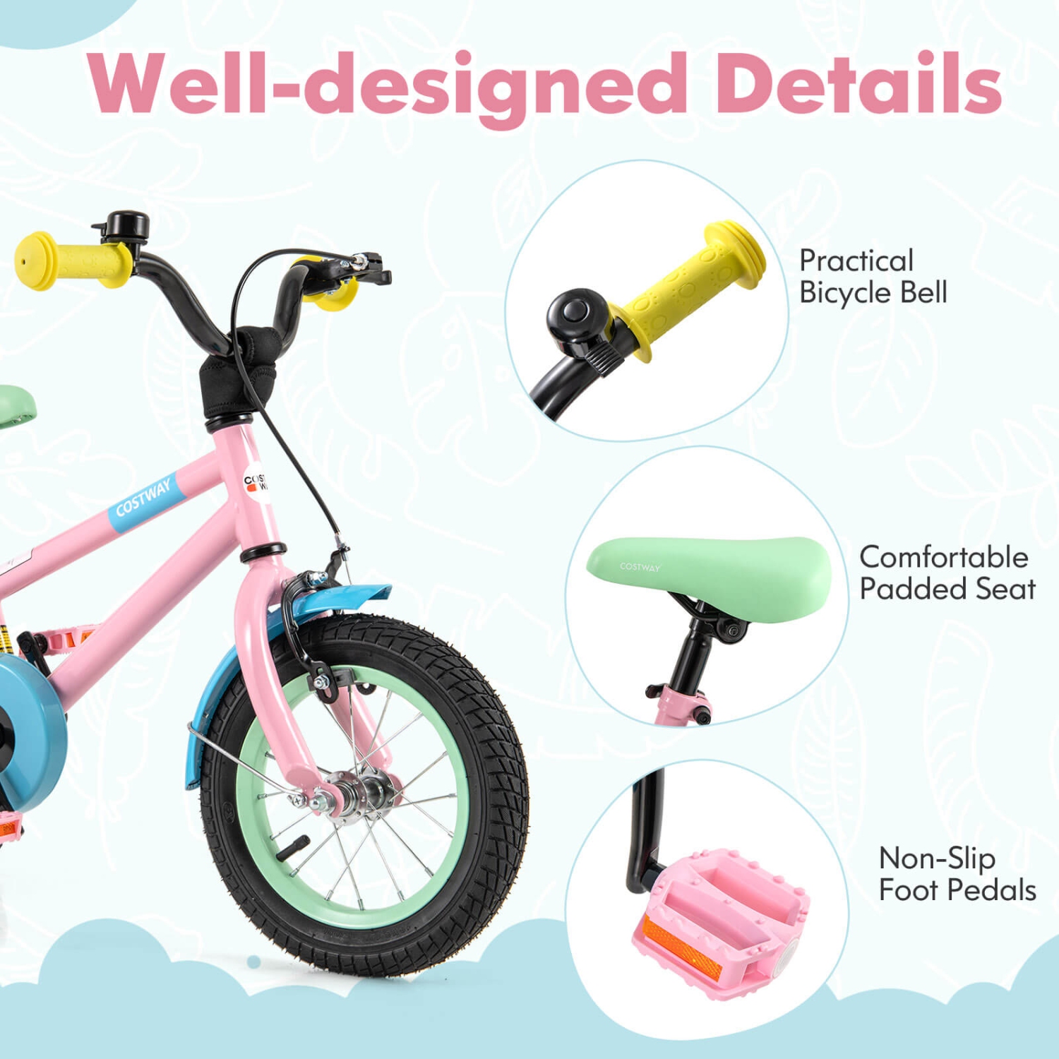 Vélo pour enfants de 12 po de Costway avec selle réglable, guidon, roues d'entraînement amovibles, frein à main