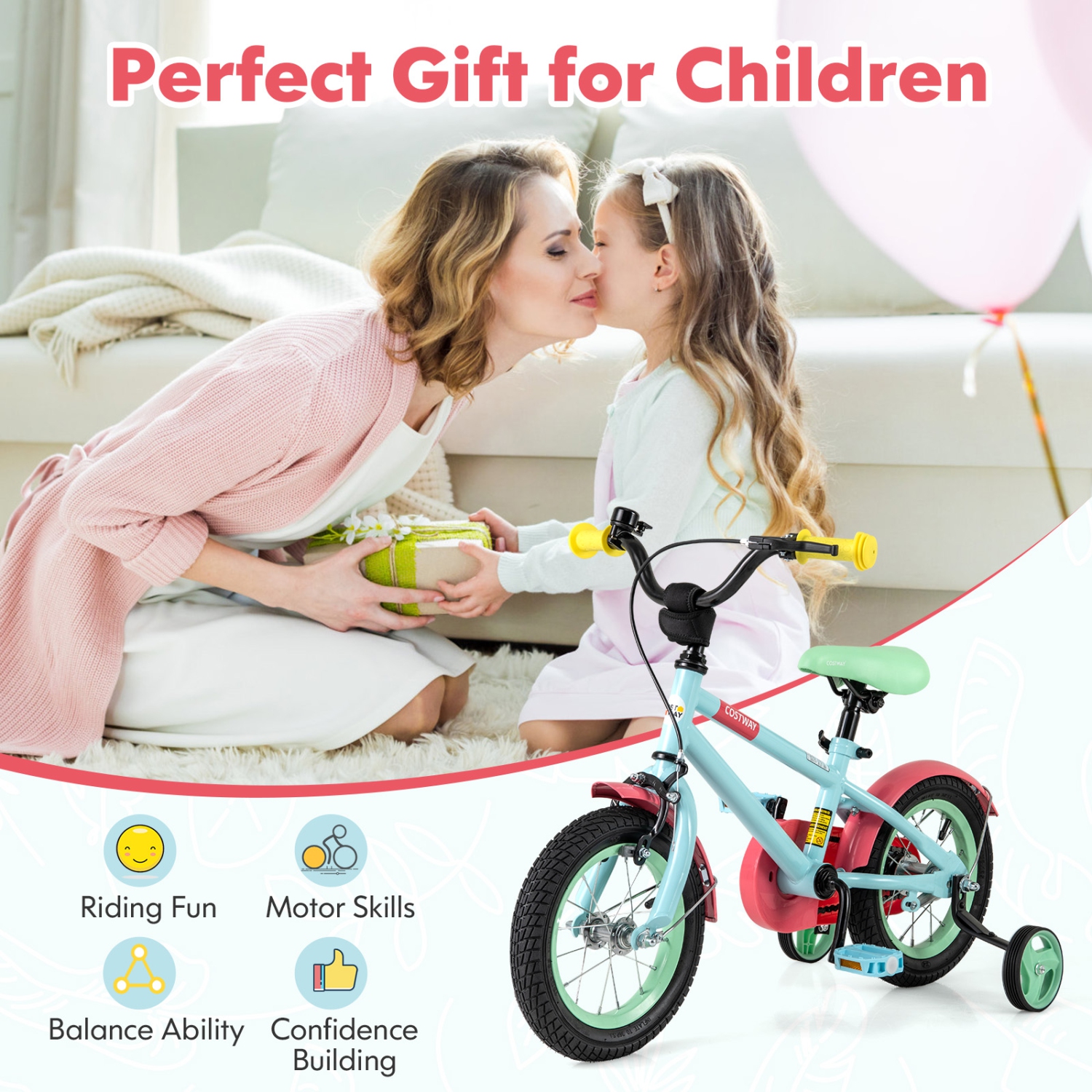 Vélo pour enfants de 12 po de Costway avec selle réglable, guidon, roues d'entraînement amovibles, frein à main