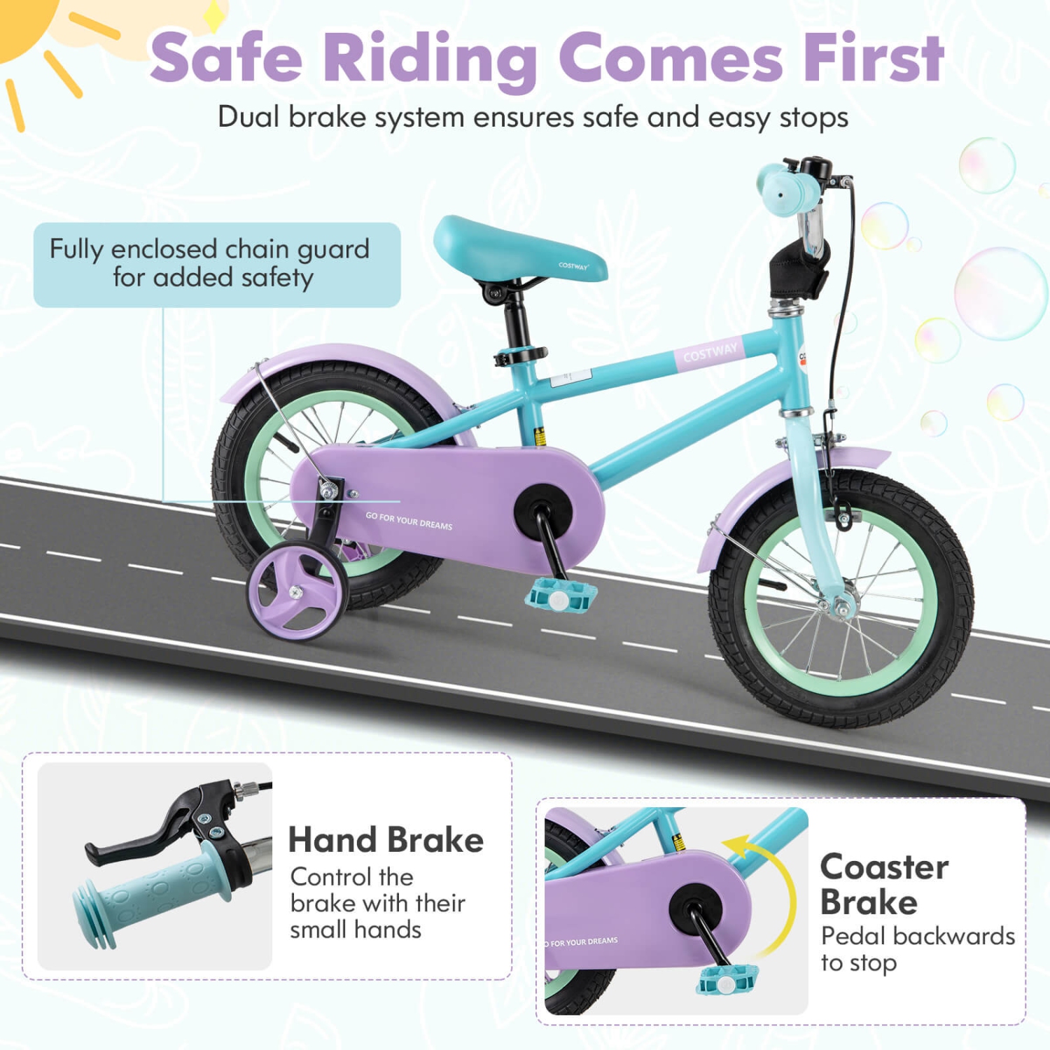 Vélo pour enfants de 12 po de Costway avec selle réglable, guidon, roues d'entraînement amovibles, frein à main