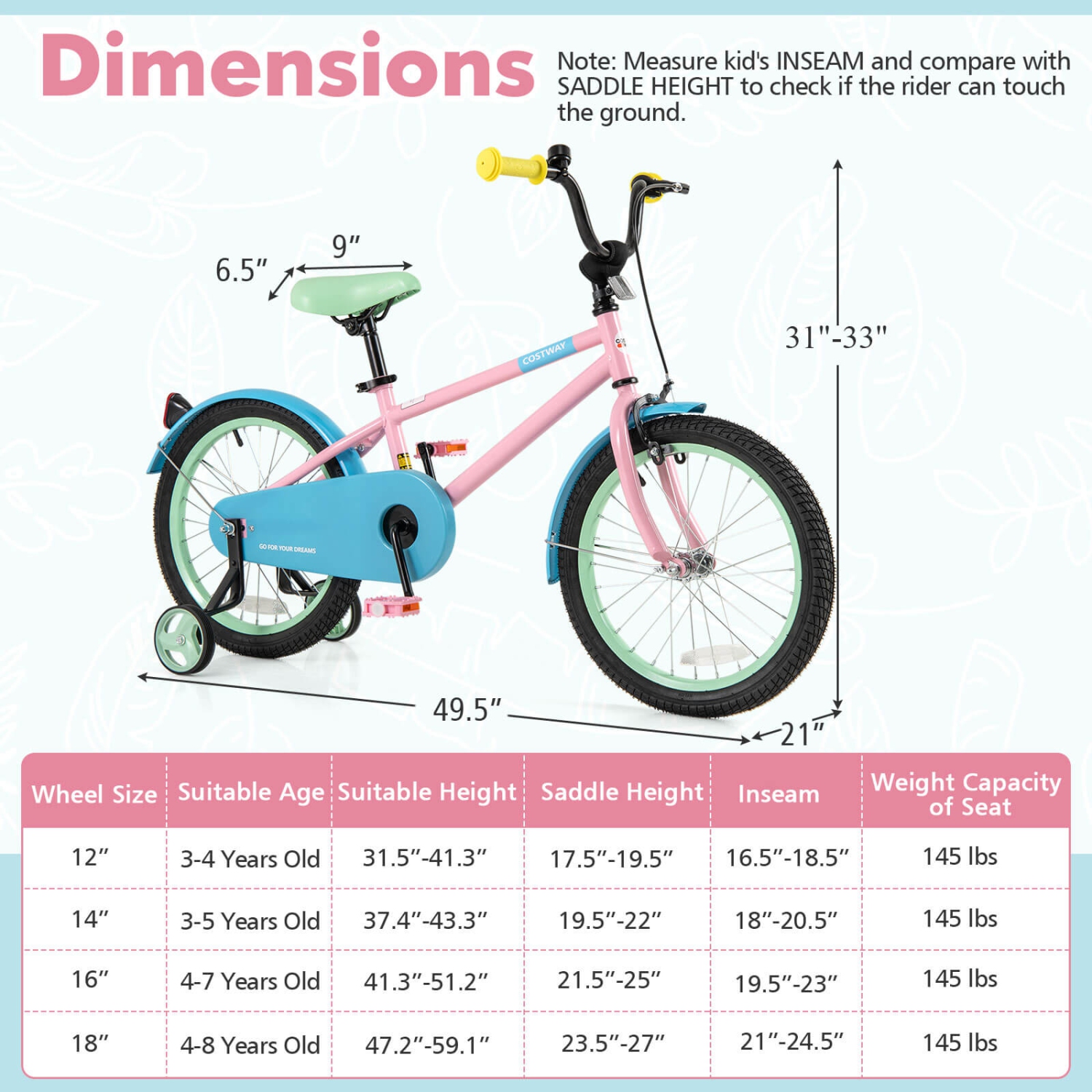Costway 18" Kids Bike with Adjustable Saddle Handlebar Removable Training Wheels Handbrake