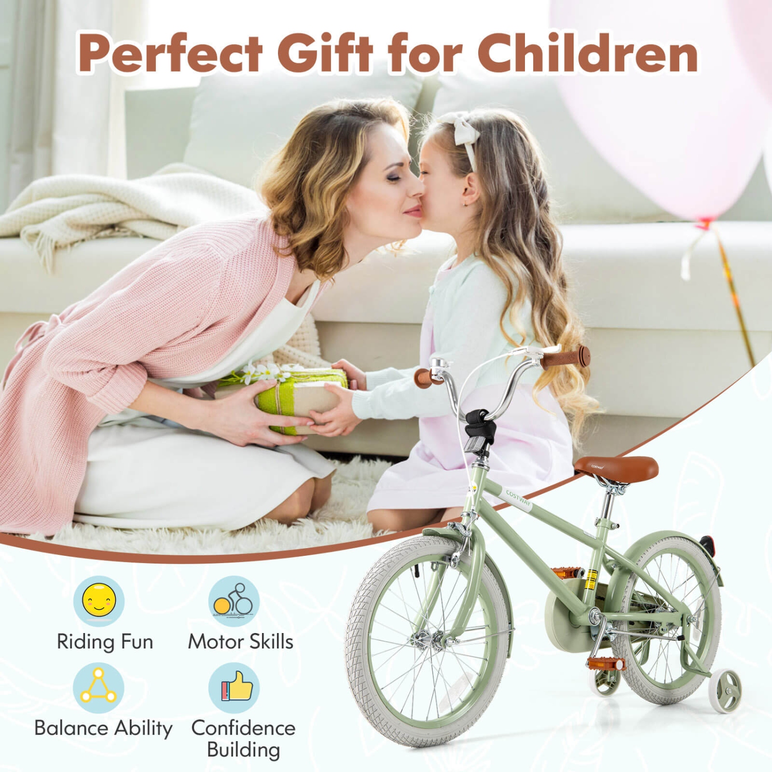 Costway 18" Kids Bike with Adjustable Saddle Handlebar Removable Training Wheels Handbrake