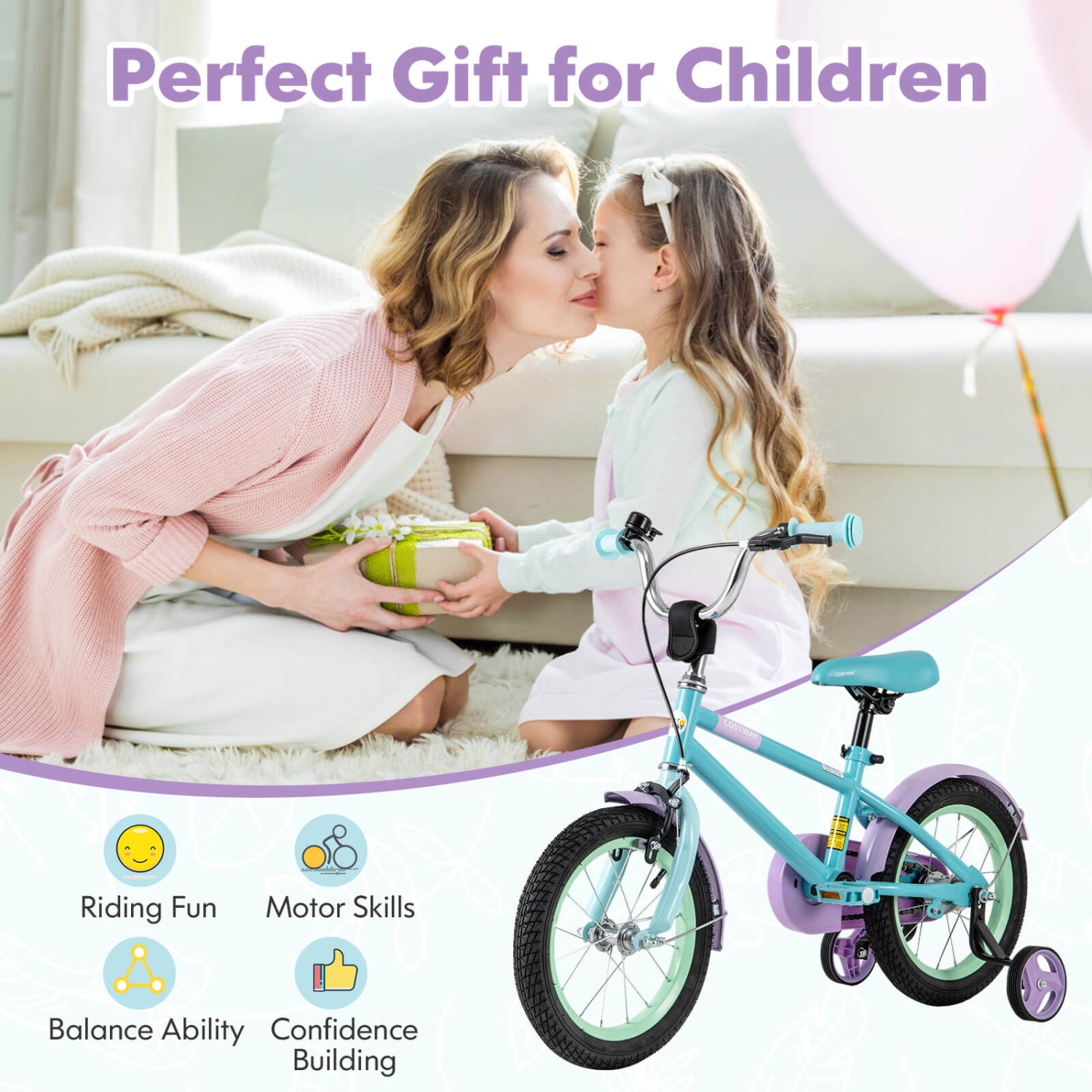 Costway 14" Kids Bike with Adjustable Saddle Handlebar Removable Training Wheels Handbrake