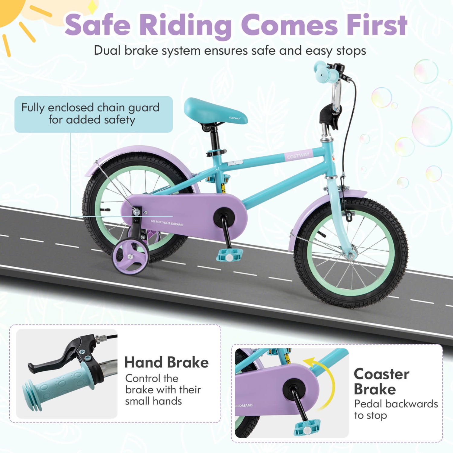 Costway 14" Kids Bike with Adjustable Saddle Handlebar Removable Training Wheels Handbrake