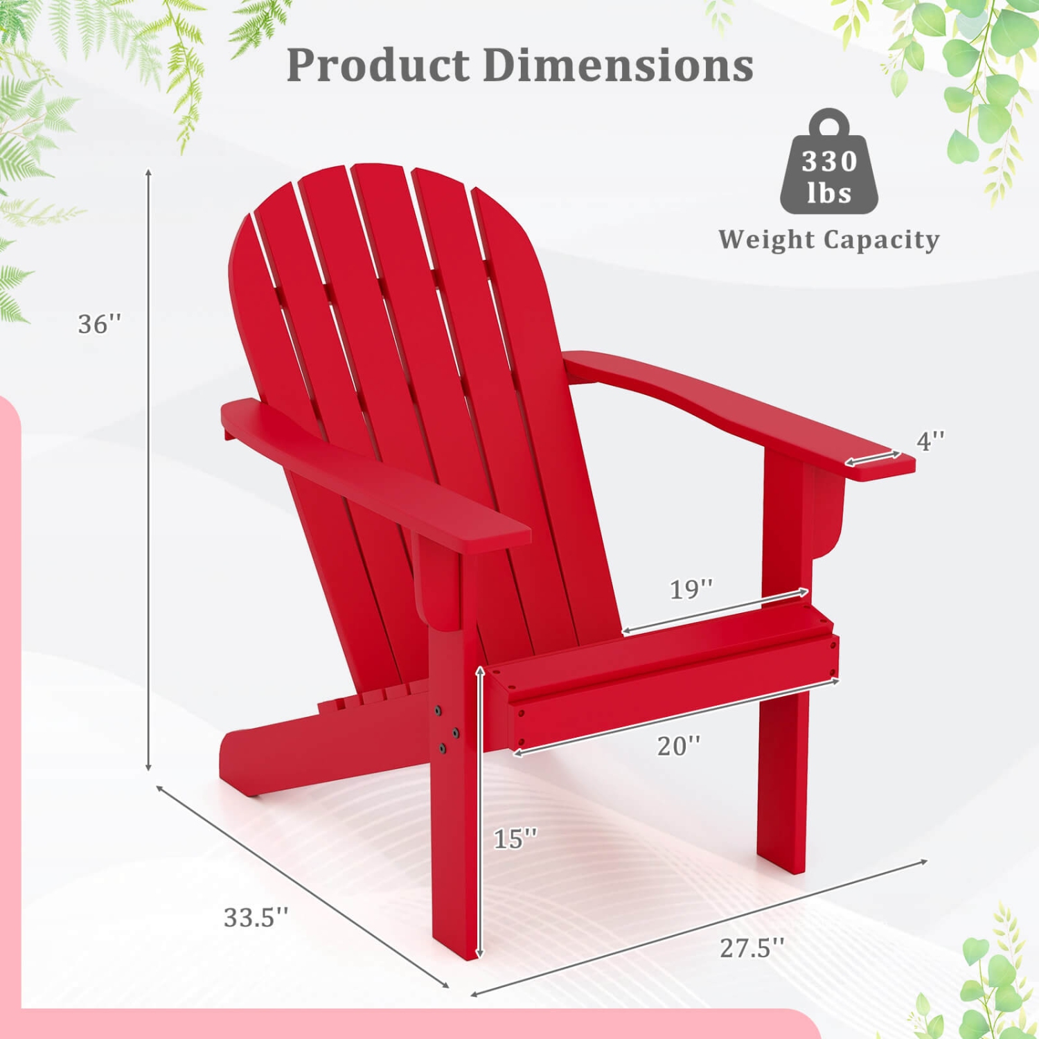Chaise de patio Adirondack de Costway avec siège incliné, dossier haut et accoudoirs larges