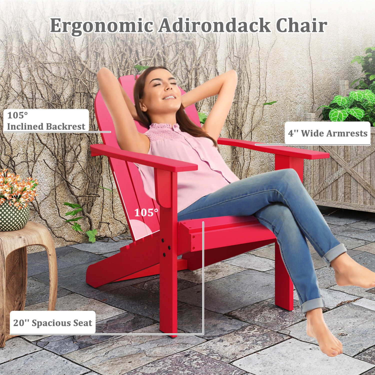 Chaise de patio Adirondack de Costway avec siège incliné, dossier haut et accoudoirs larges