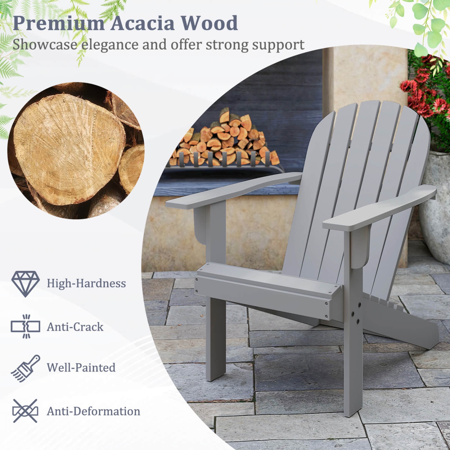 Costway Patio Adirondack Chair with Inclined Seat High Backrest & Wide Armrests