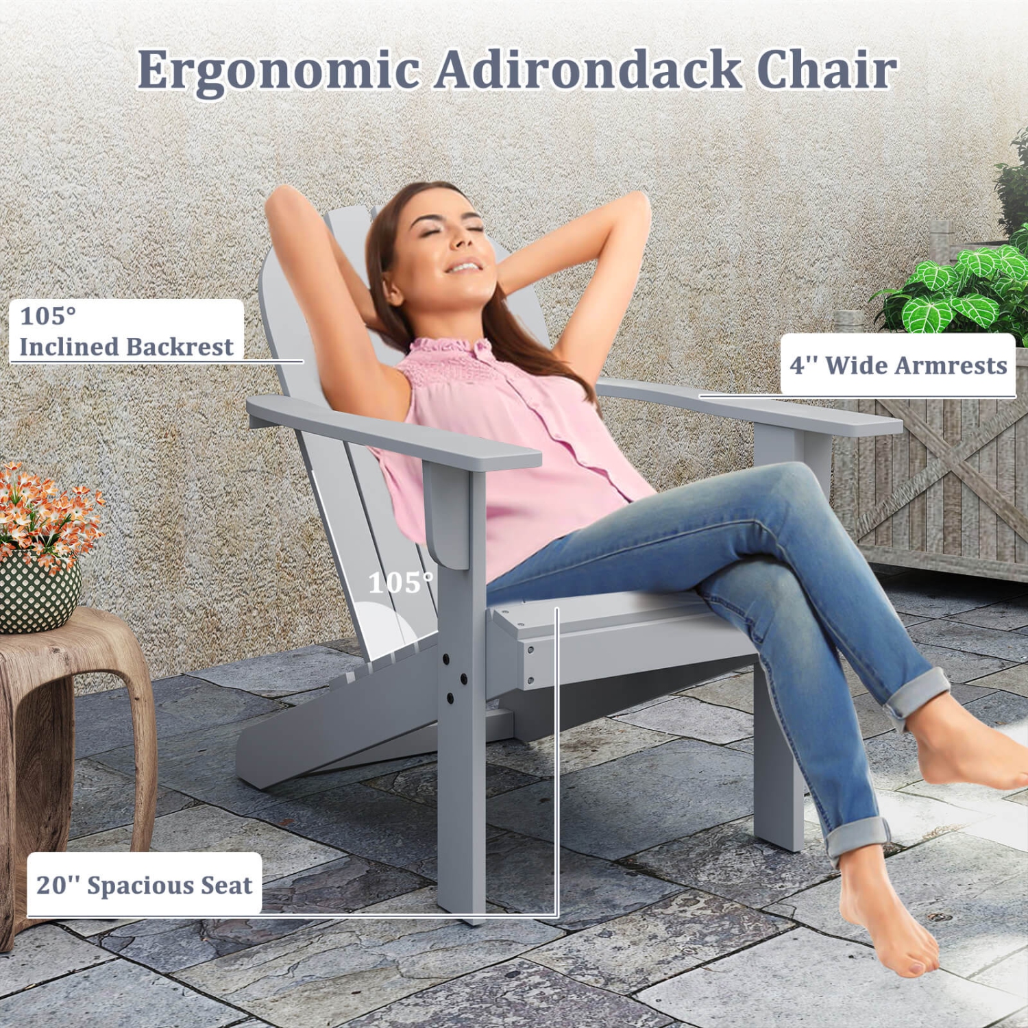 Costway Patio Adirondack Chair with Inclined Seat High Backrest & Wide Armrests