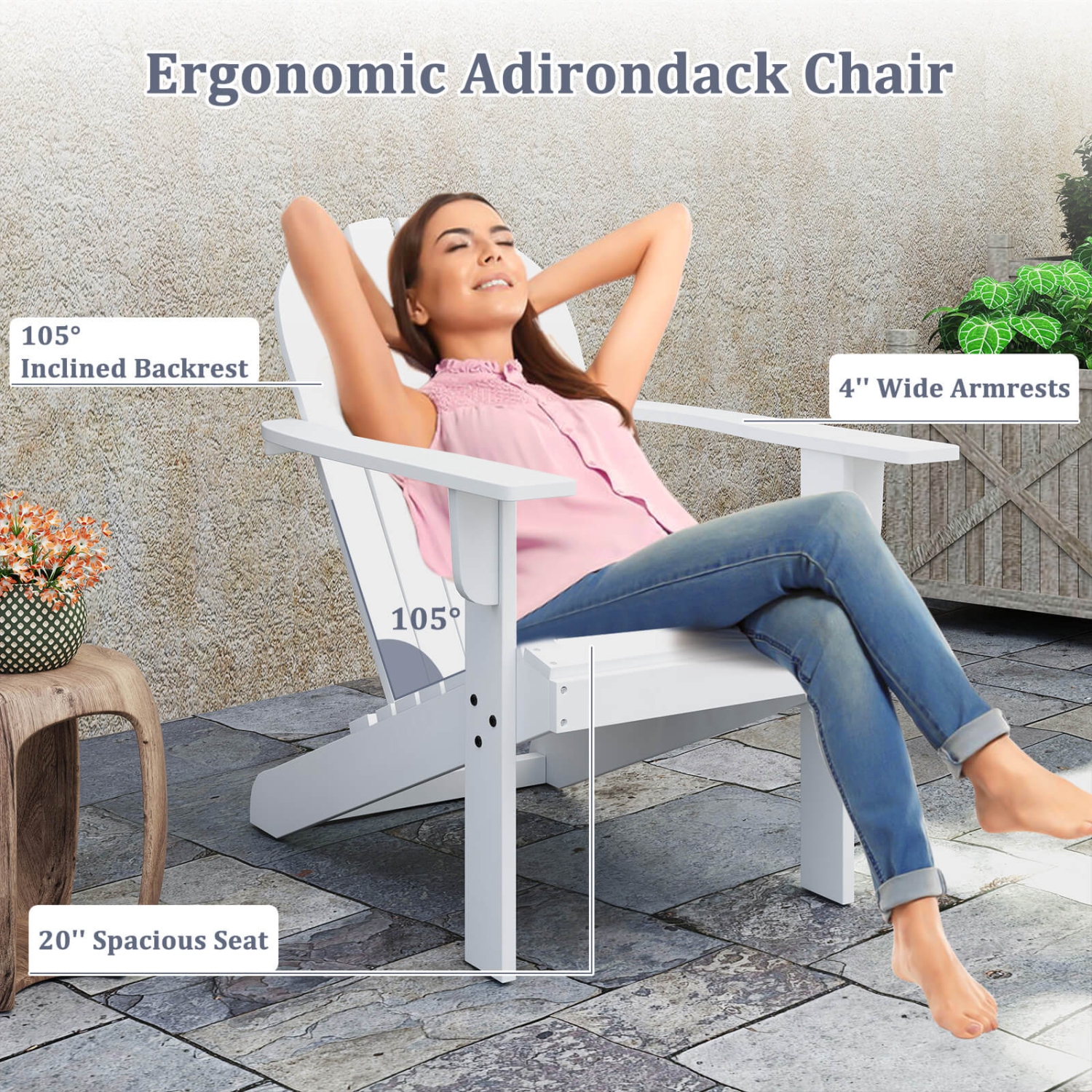 Costway Patio Adirondack Chair with Inclined Seat High Backrest & Wide Armrests