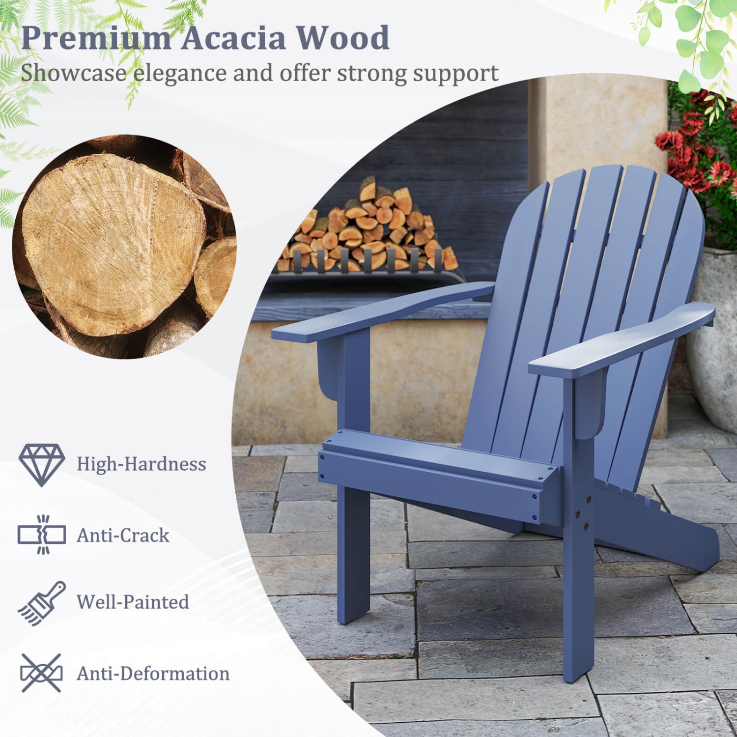 Costway Patio Adirondack Chair with Inclined Seat High Backrest & Wide Armrests