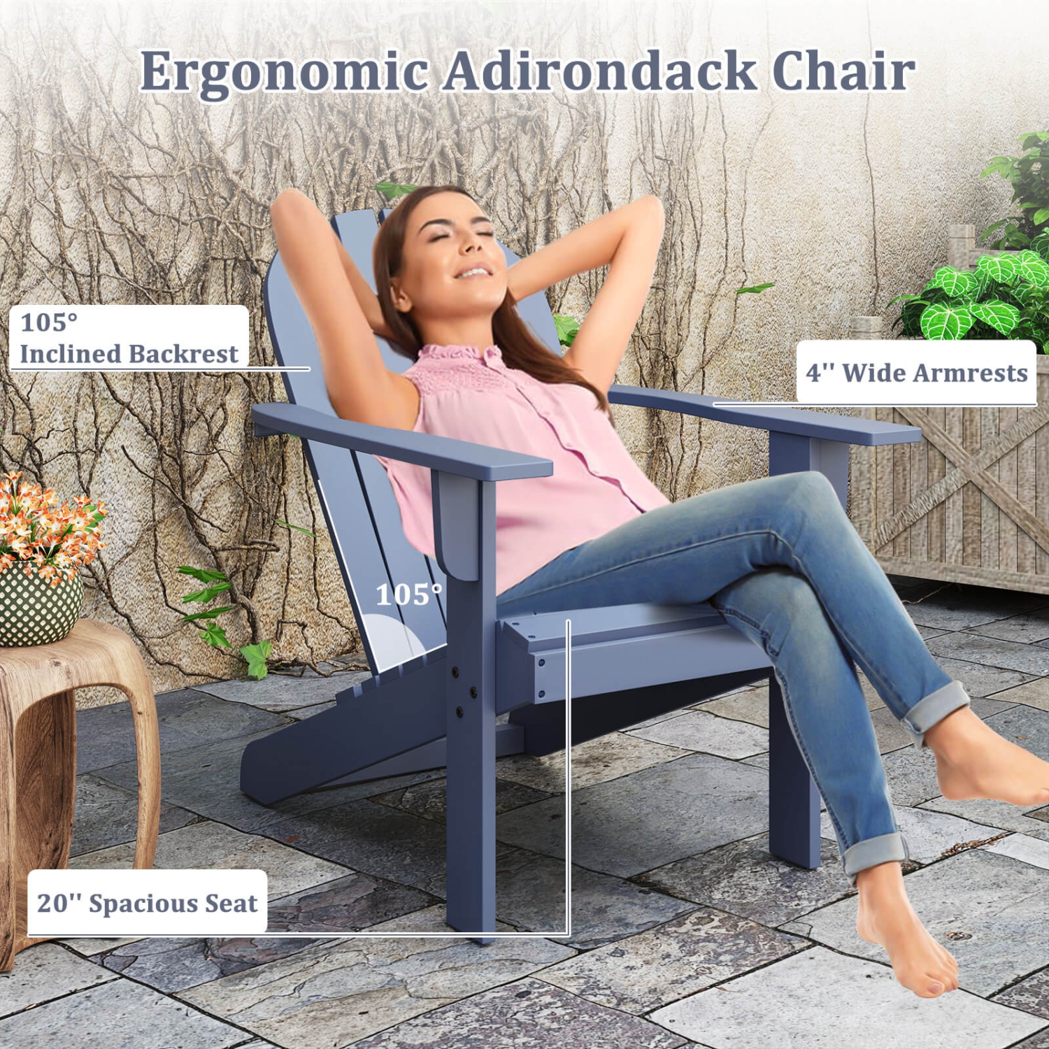 Costway Patio Adirondack Chair with Inclined Seat High Backrest & Wide Armrests