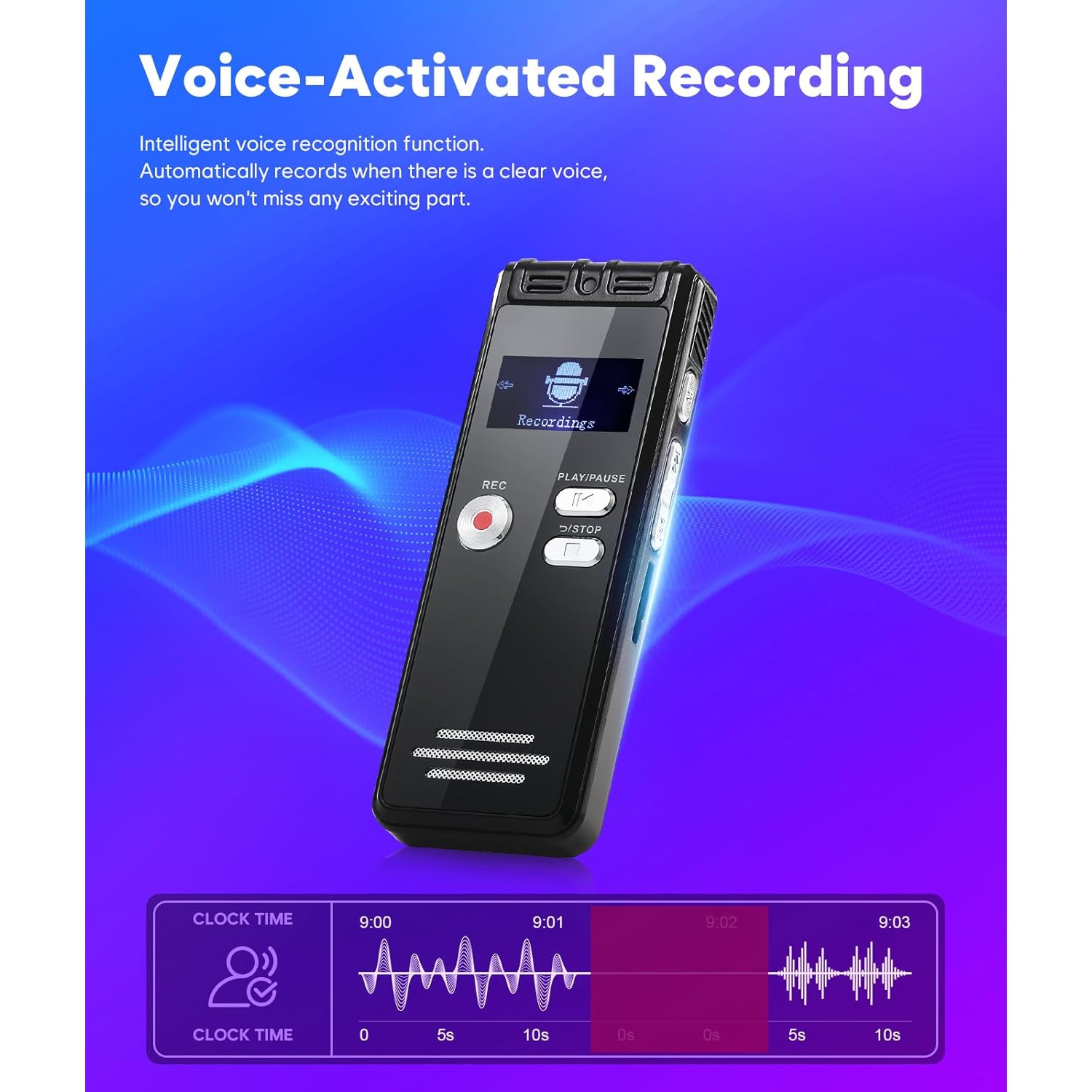 Enregistreur De Voix, Mini Enregistreur Activé Par La Voix Avec Lecture, Enregistreur De Lecteur MP3 Rechargeable De Réduction De Bruit HD Pour Conférence, Entretien, Réunion