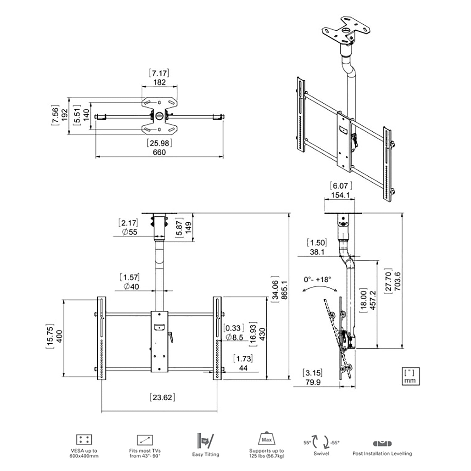SyncMount – Support de plafond inclinable pour téléviseur, pour écrans de 43 à 90 po, poids maximal 125 lb