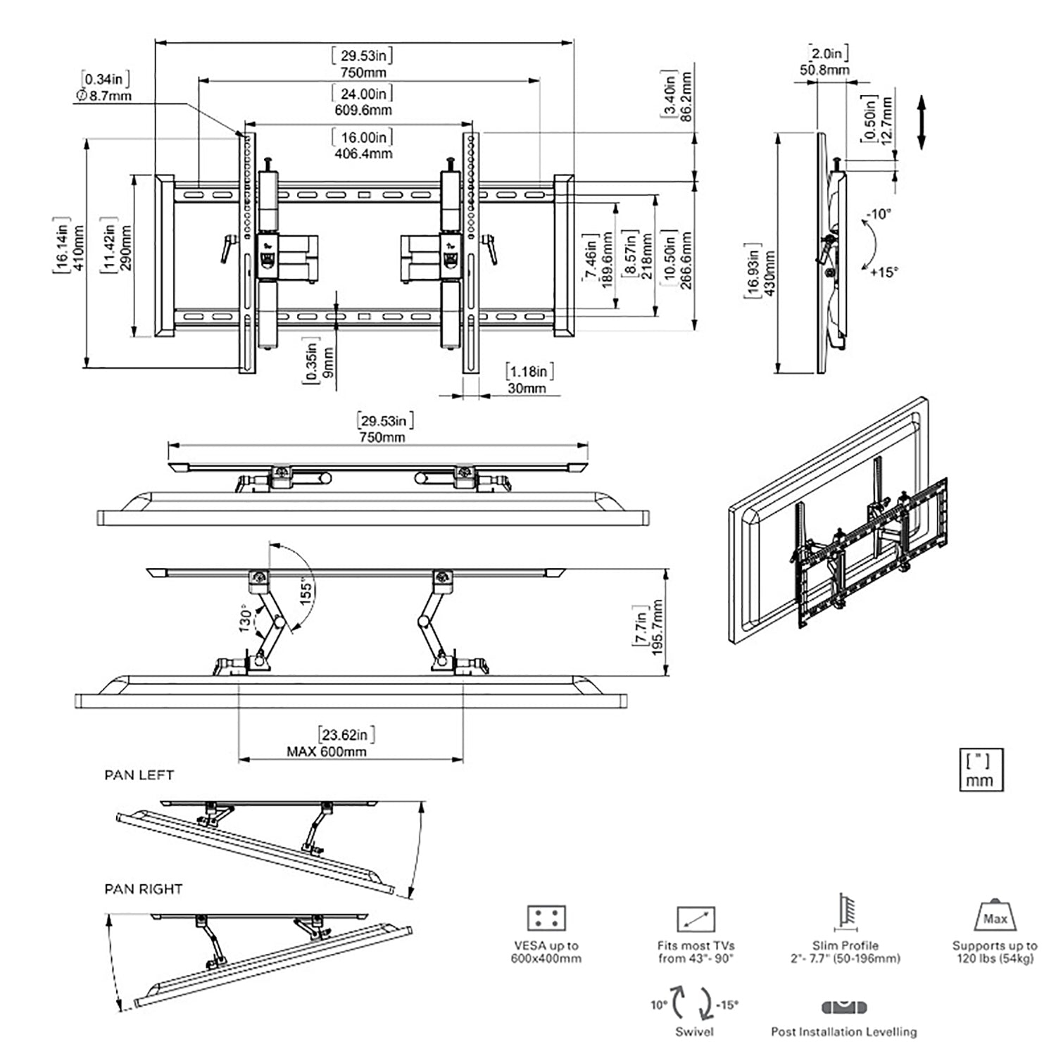 SyncMount - Tilting and Extendable TV Wall Mount, for Screens from 43" to 90", Maximum Weight 120lbs