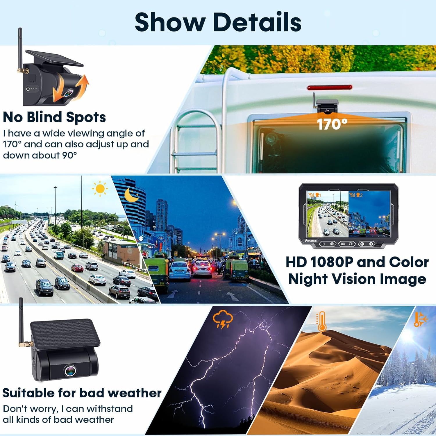 Kit Caméra De Recul Solaire Sans Fil 5" | 1080P HD + Vision Nocturne | IP66 | Pour Camping-car, Fourgon, Remorque