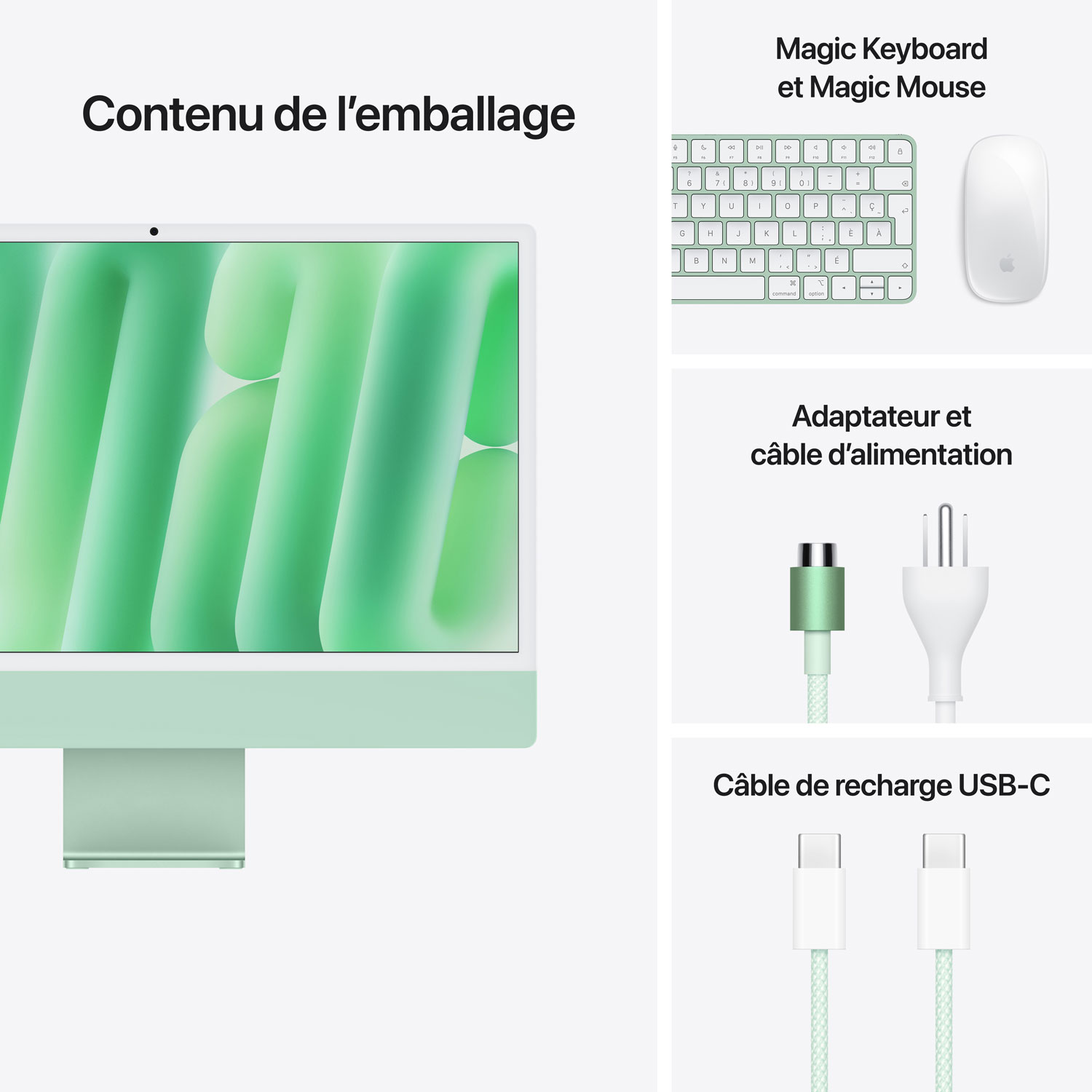 iMac de 24 po d'Apple - Vert (puce M4 d'Apple/processeur graphique 8 coeurs/RAM 16 Go/SSD 256 Go) - Français