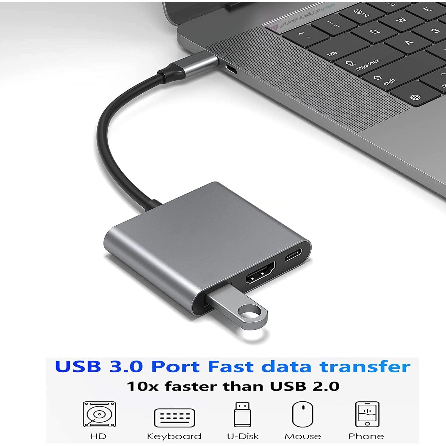 Adaptateur USB 3,0-C à HDMI avec port HDMI 4K et concentrateur convertisseur de port de chargement 100&nbsp;W-C, adaptateur multiport audio-vidéo