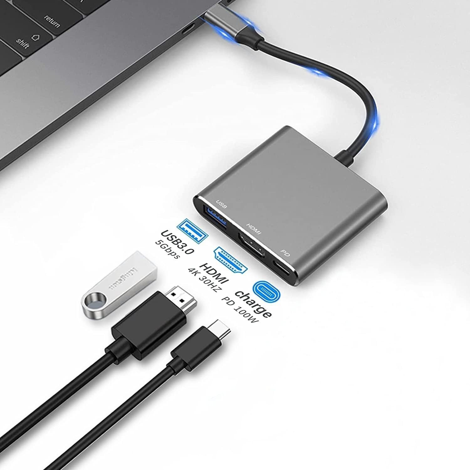 Adaptateur USB 3,0-C à HDMI avec port HDMI 4K et concentrateur convertisseur de port de chargement 100&nbsp;W-C, adaptateur multiport audio-vidéo