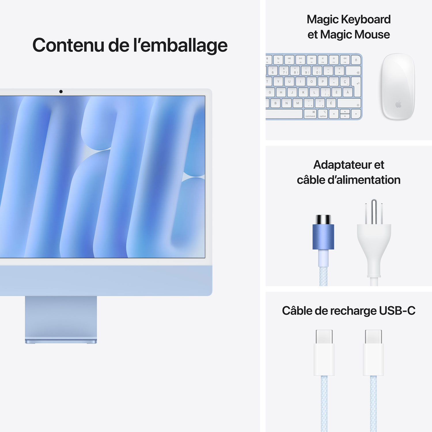 iMac de 24 po d'Apple - Bleu (puce M4 d'Apple/processeur graphique 8 coeurs/RAM 16 Go/SSD 256 Go) - Français