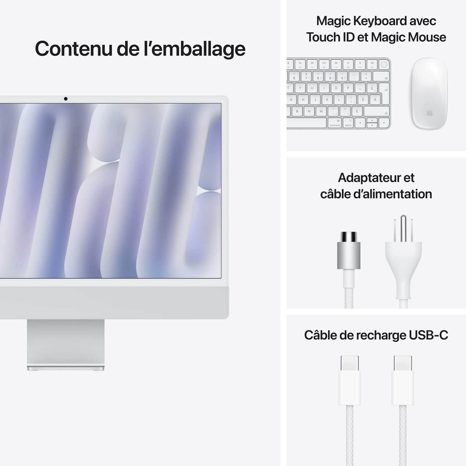 iMac de 24 po d'Apple - Argenté (puce M4 d'Apple/processeur graphique 10 coeurs/RAM 16 Go/SSD 256 Go) - Français