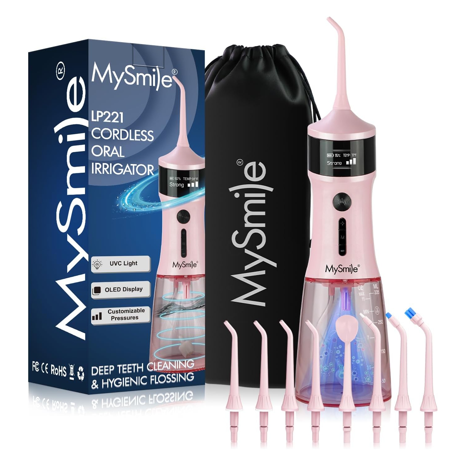 MySmile Powerful Cordless 350ML Water Dental Flosser Portable OLED Display Oral Irrigator with 5 Pressure Modes 8 Replaceable Jet Tips and Storage Bag(Juicy Pink)