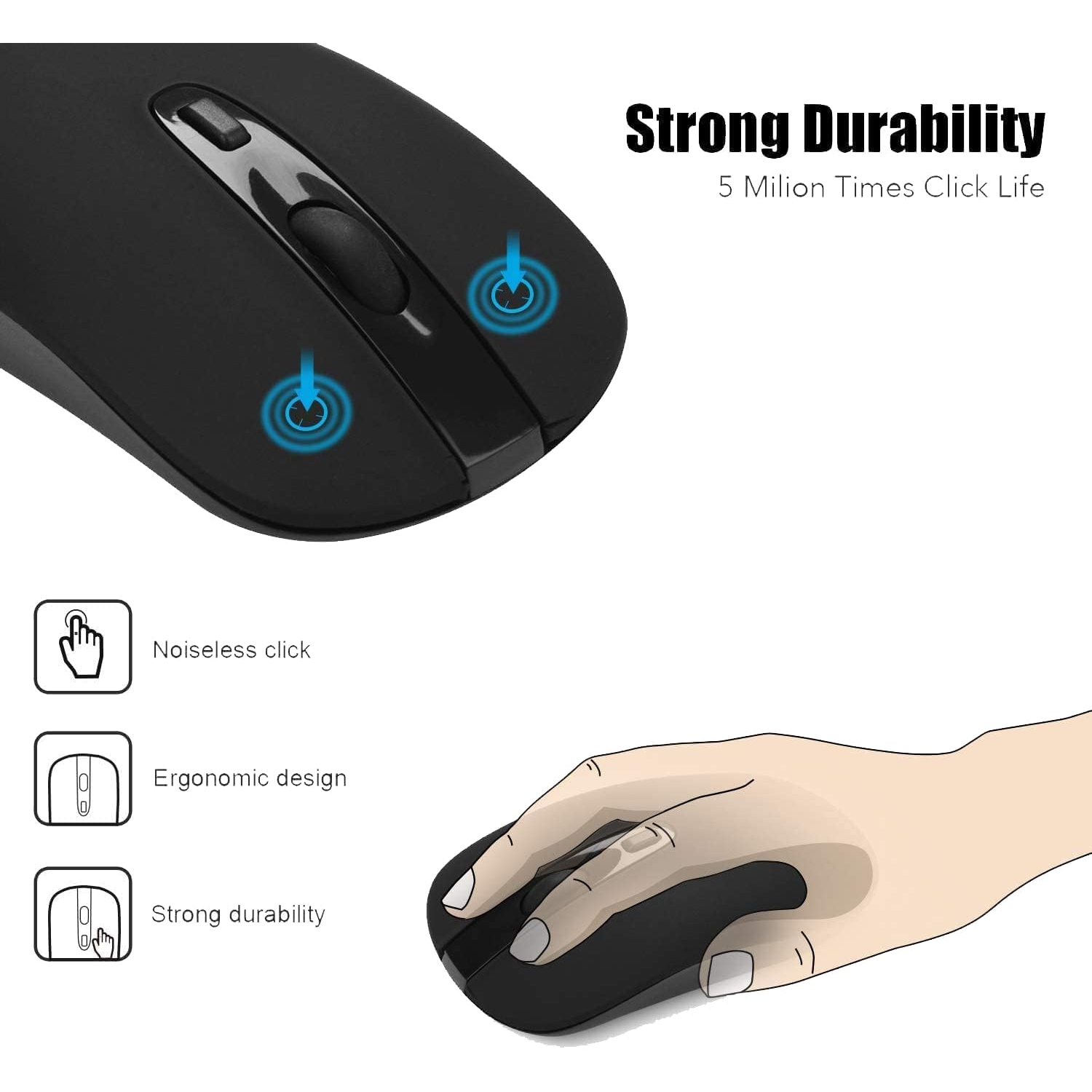 Wireless Computer Mouse, 2.4G Slim Cordless Mouse for Laptop Ergonomic Optical with Nano Receiver USB Mouse for Laptop, Deskbtop, MacBook, Battery