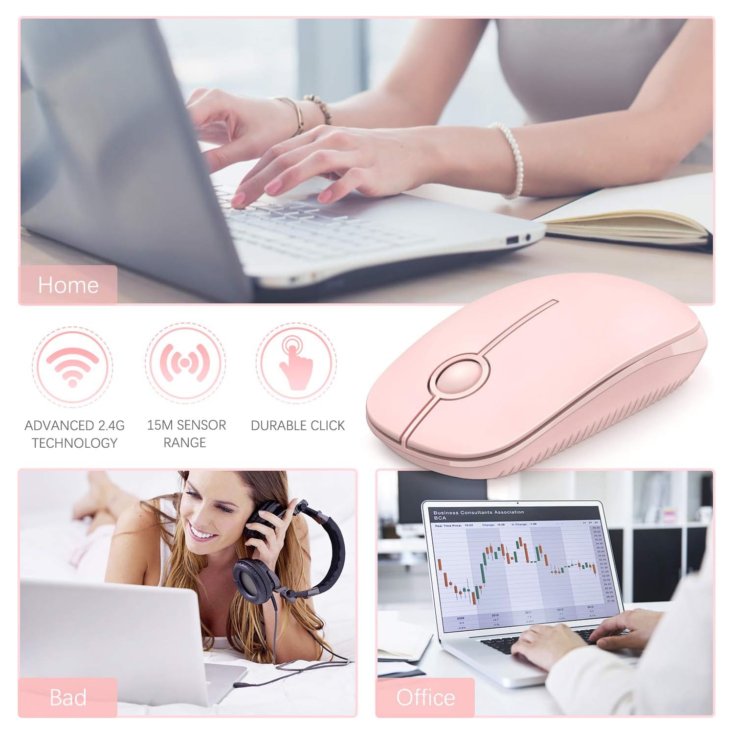 Wireless Mouse,2.4G Slim Portable Computer Mice with Nano Receiver for Computer, Notebook, Laptop, Pink