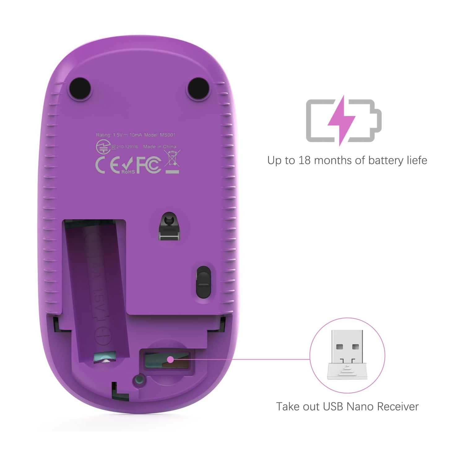 Wireless Mouse,2.4G Slim Portable Computer Mice with Nano Receiver for Computer, Notebook, Laptop, Gradient Purple