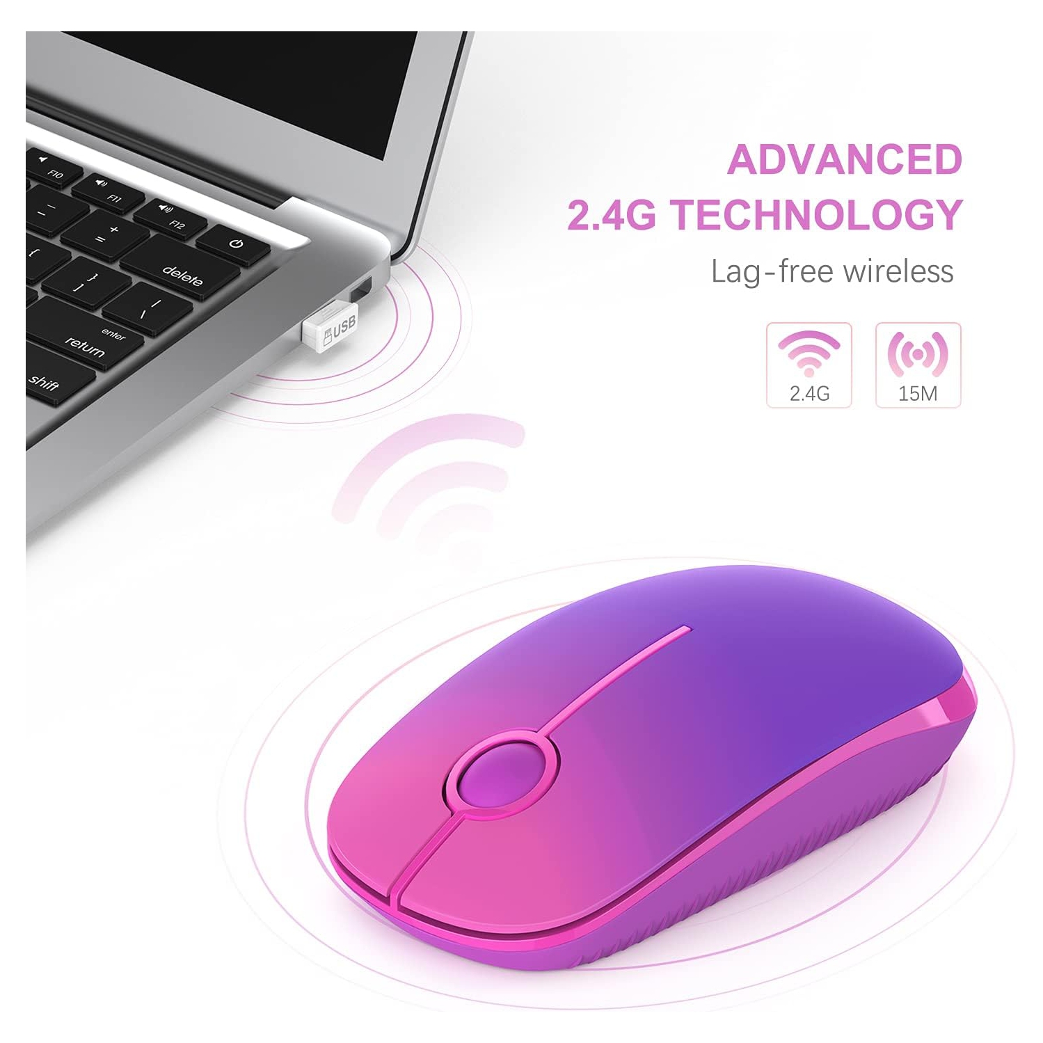 Wireless Mouse,2.4G Slim Portable Computer Mice with Nano Receiver for Computer, Notebook, Laptop, Gradient Purple