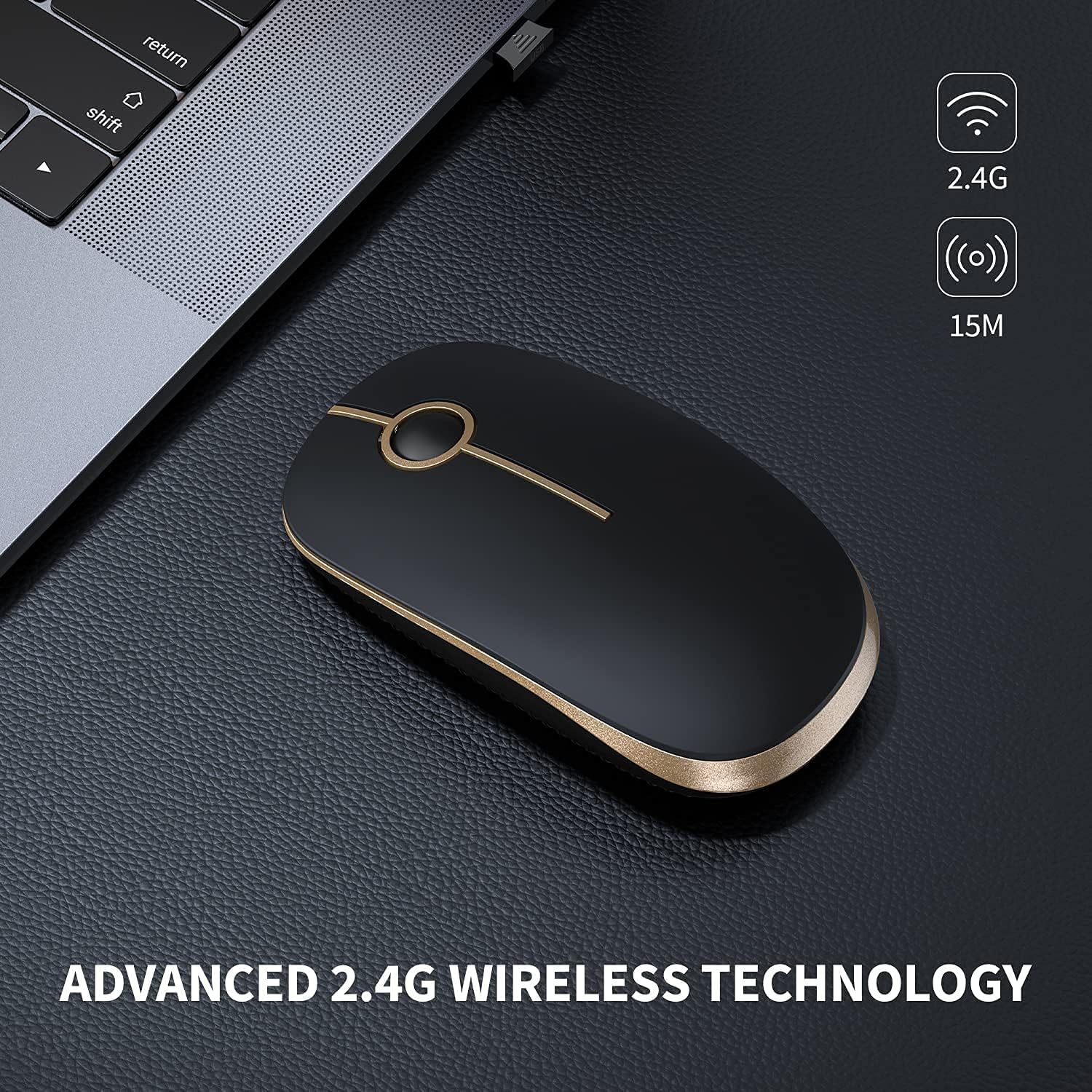 Souris sans fil, souris d'ordinateur portable mince 2,4 GHz avec nanorécepteur pour ordinateur de bureau, portable, or et noir