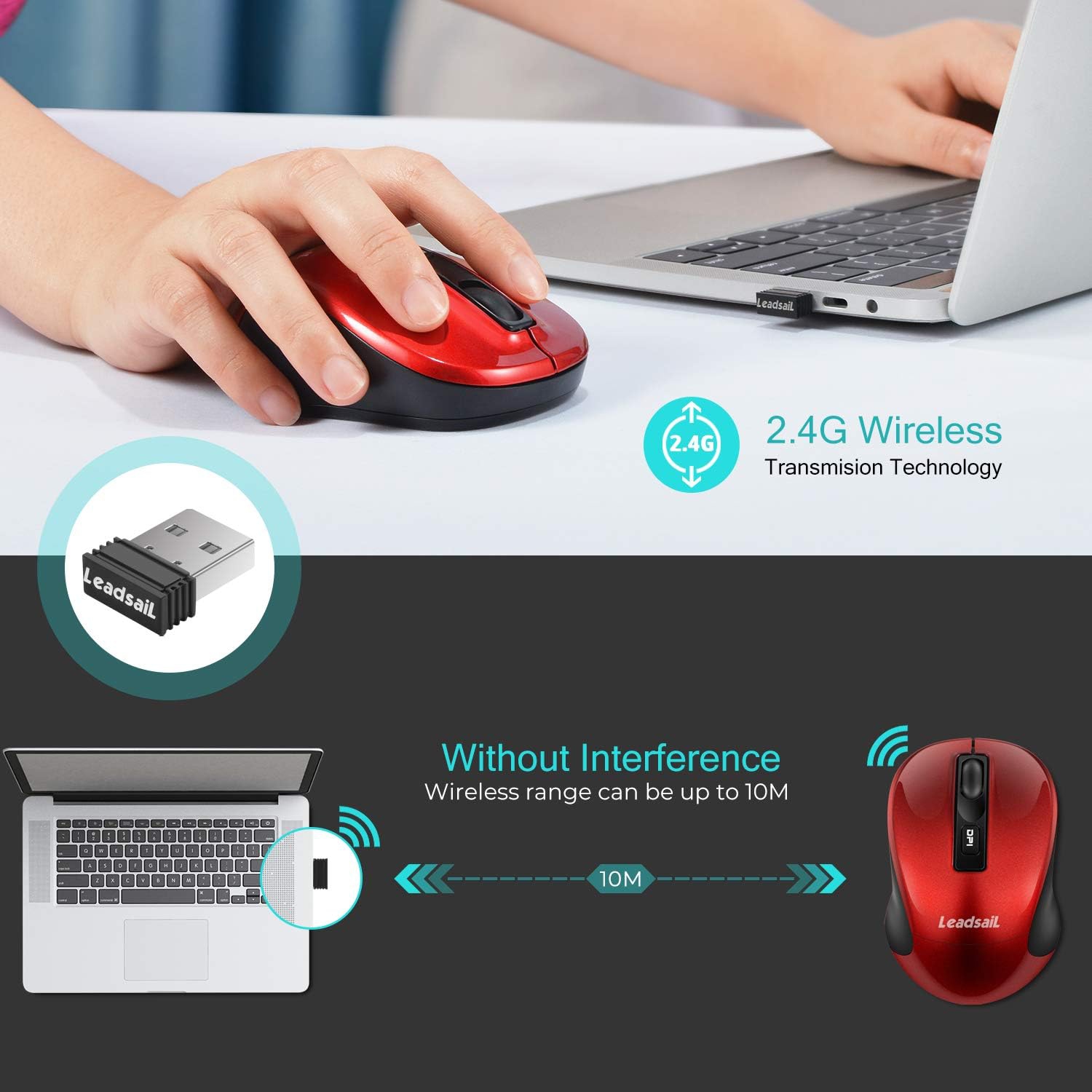 Wireless Mouse, 2.4G Portable Slim Cordless Mouse Less Noise for Laptop with 4 Buttons, AA Battery Included, USB Mouse for Laptop, Deskbtop, Red