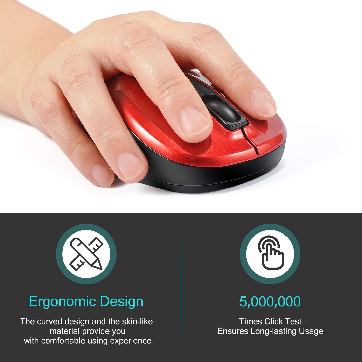 Wireless Mouse, 2.4G Portable Slim Cordless Mouse Less Noise for Laptop with 4 Buttons, AA Battery Included, USB Mouse for Laptop, Deskbtop, Red