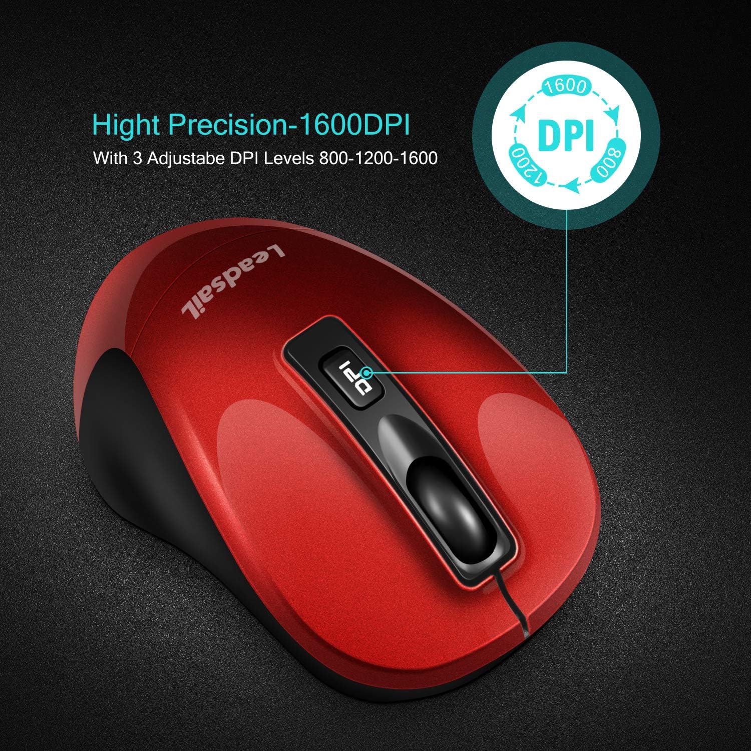 Wireless Mouse, 2.4G Portable Slim Cordless Mouse Less Noise for Laptop with 4 Buttons, AA Battery Included, USB Mouse for Laptop, Deskbtop, Red