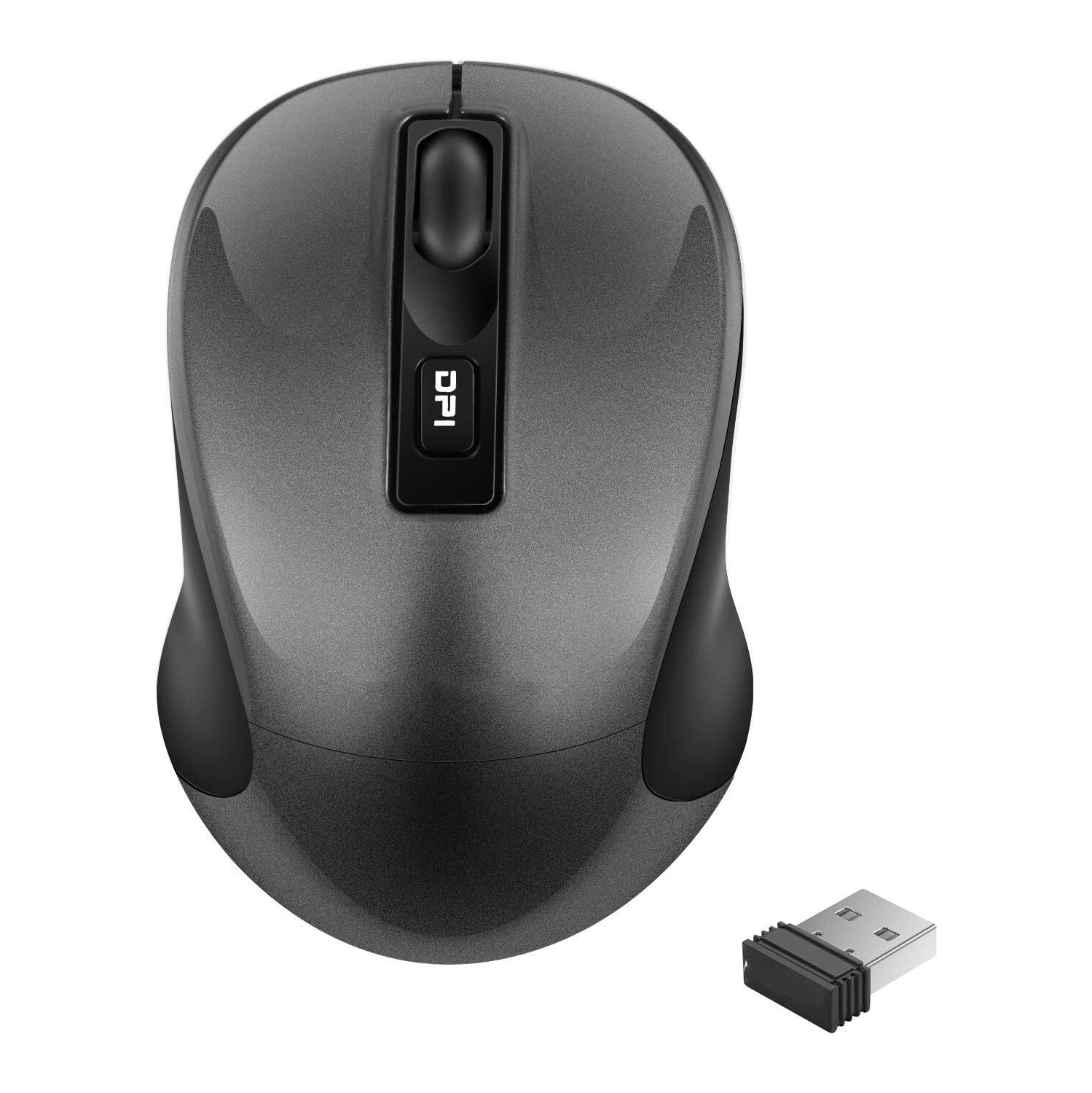 Wireless Mouse, 2.4G Portable Slim Cordless Mouse Less Noise for Laptop with 4 Buttons, AA Battery Included, USB Mouse for Laptop, Deskbtop, Grey