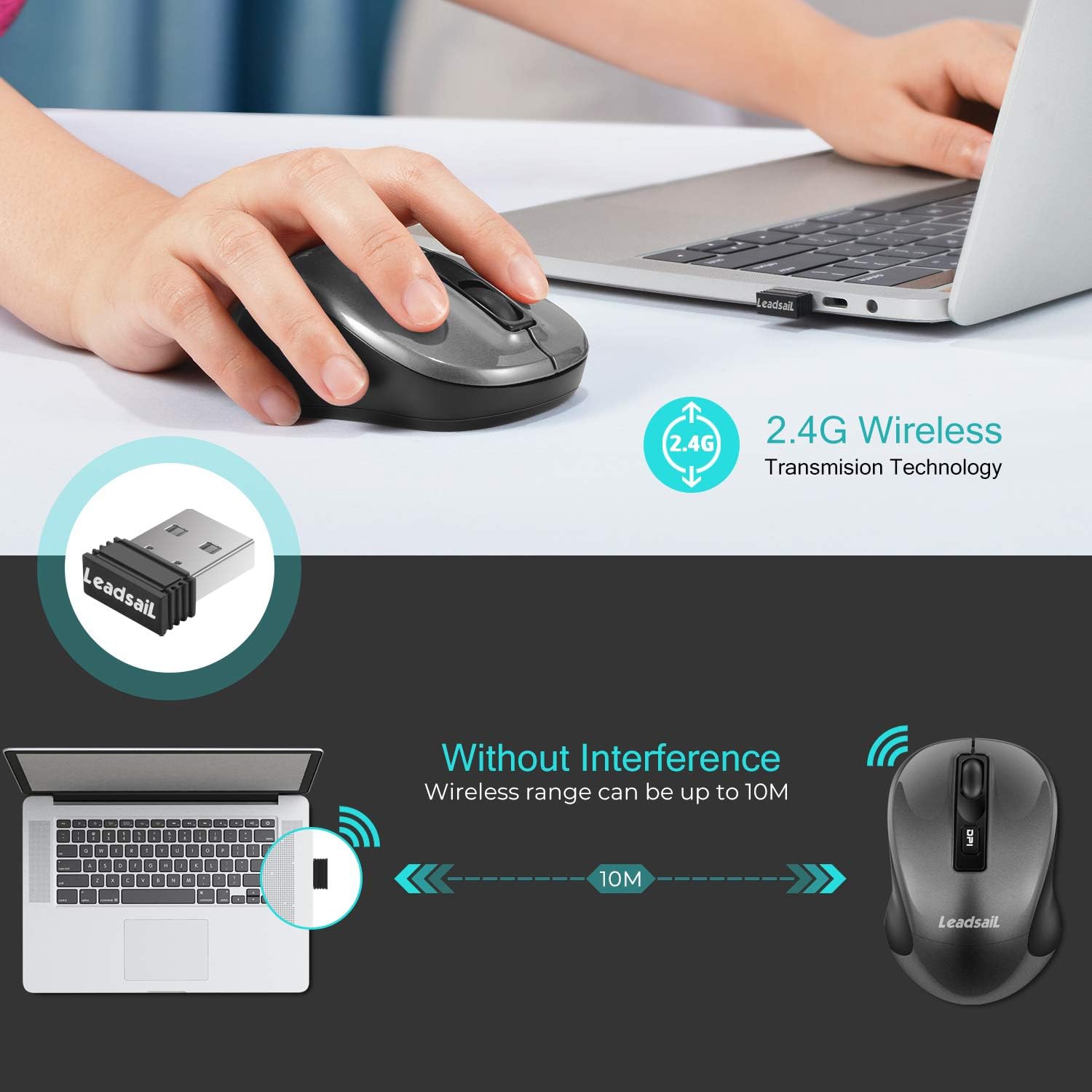 Wireless Mouse, 2.4G Portable Slim Cordless Mouse Less Noise for Laptop with 4 Buttons, AA Battery Included, USB Mouse for Laptop, Deskbtop, Grey