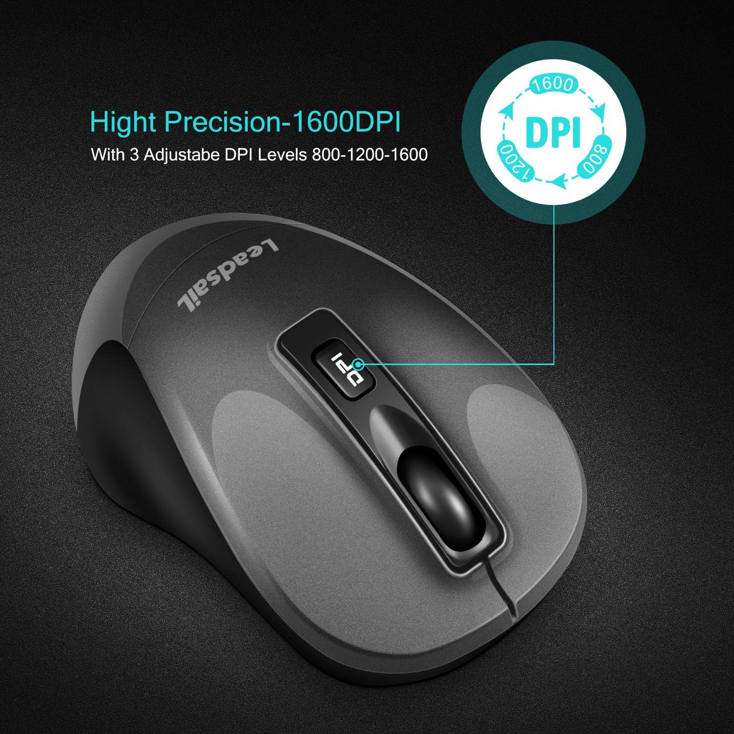 Wireless Mouse, 2.4G Portable Slim Cordless Mouse Less Noise for Laptop with 4 Buttons, AA Battery Included, USB Mouse for Laptop, Deskbtop, Grey
