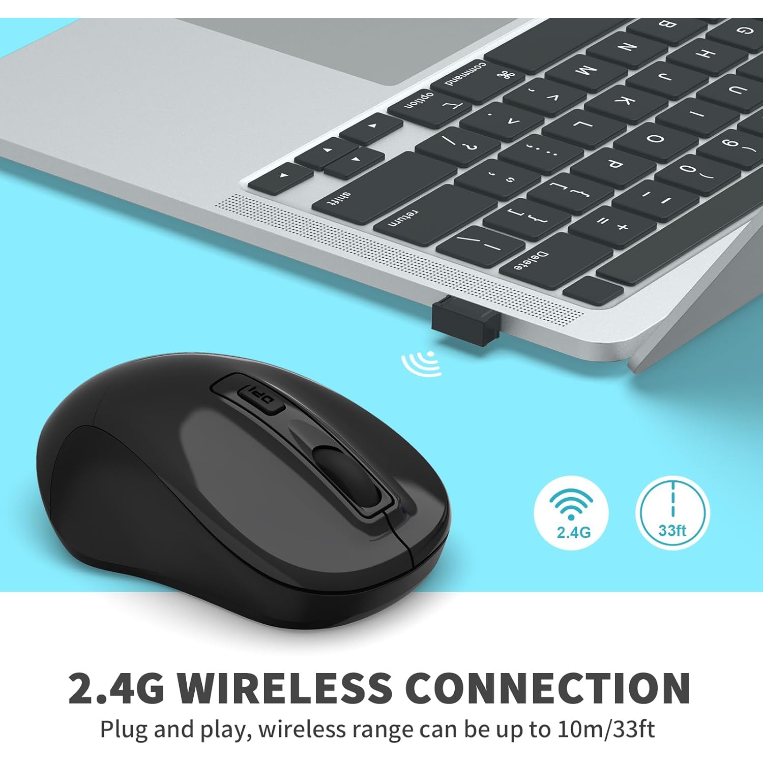 Wireless Mouse, 2.4G Portable Slim Cordless Mouse Less Noise for Laptop with 4 Buttons, AA Battery Included, USB Mouse for Laptop, Deskbtop, Black