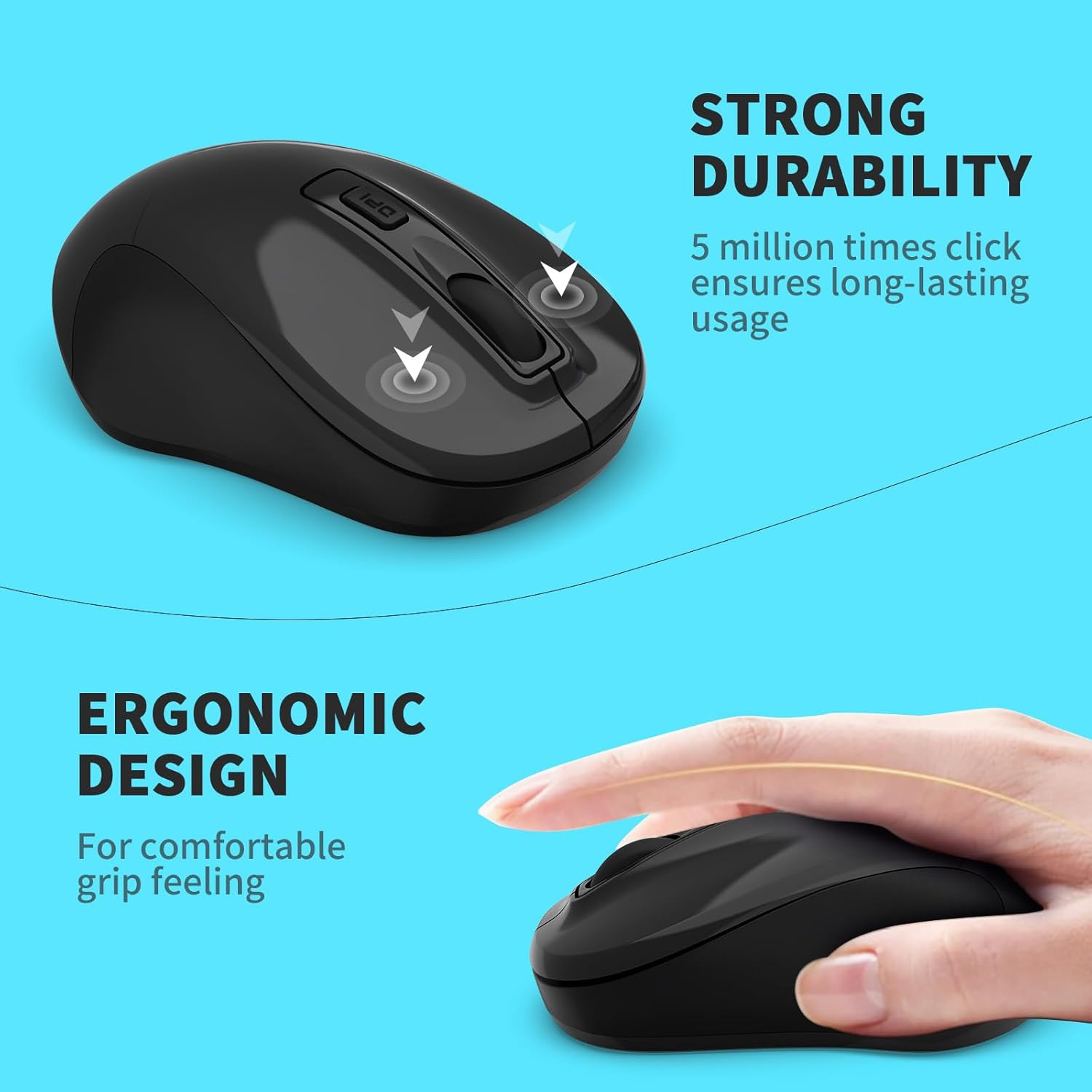 Wireless Mouse, 2.4G Portable Slim Cordless Mouse Less Noise for Laptop with 4 Buttons, AA Battery Included, USB Mouse for Laptop, Deskbtop, Black