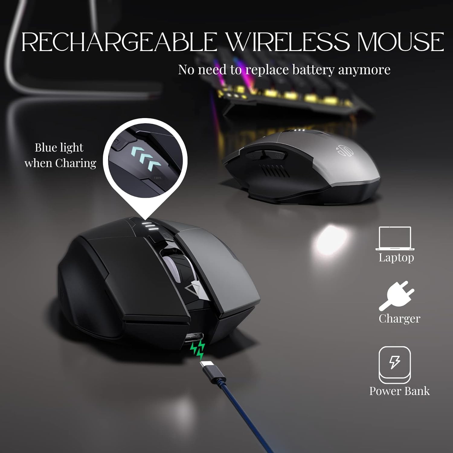 Wireless Mouse,Rechargeable Mouse Wireless 2.4G USB Computer Mouse 3 Levels DPI,Silent Wireless Mice for Laptop PC Computer, 2.4g-black