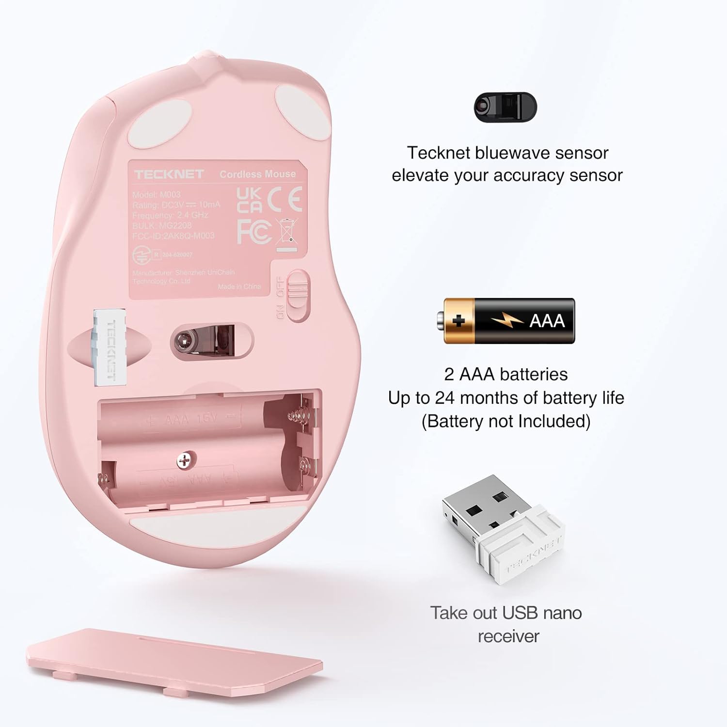 2.4G Wireless Mouse for Laptop, PC, Computer, 6 Buttons 2600 DPI, 5 Adjustment Levels, Pink