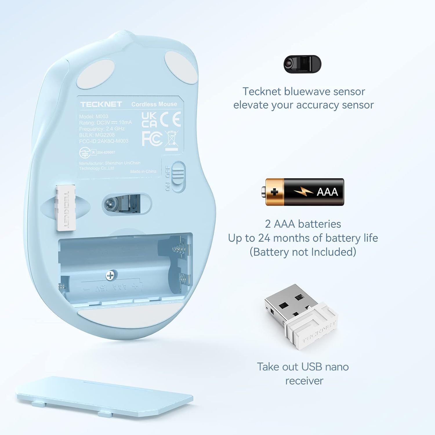 2.4G Wireless Mouse for Laptop, PC, Computer, 6 Buttons 2600 DPI, 5 Adjustment Levels, Lightblue