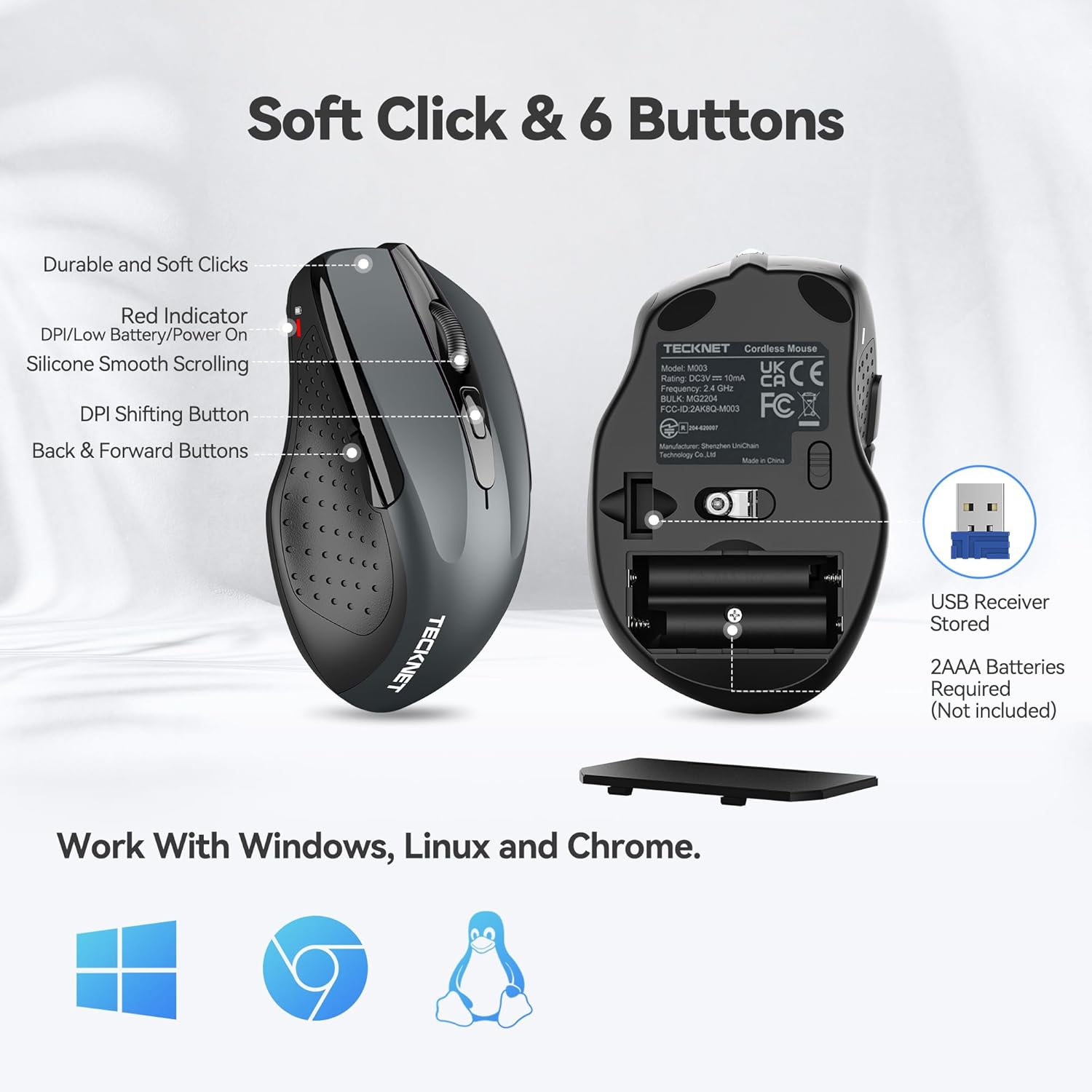 2.4G Wireless Mouse for Laptop, PC, Computer, 6 Buttons 2600 DPI