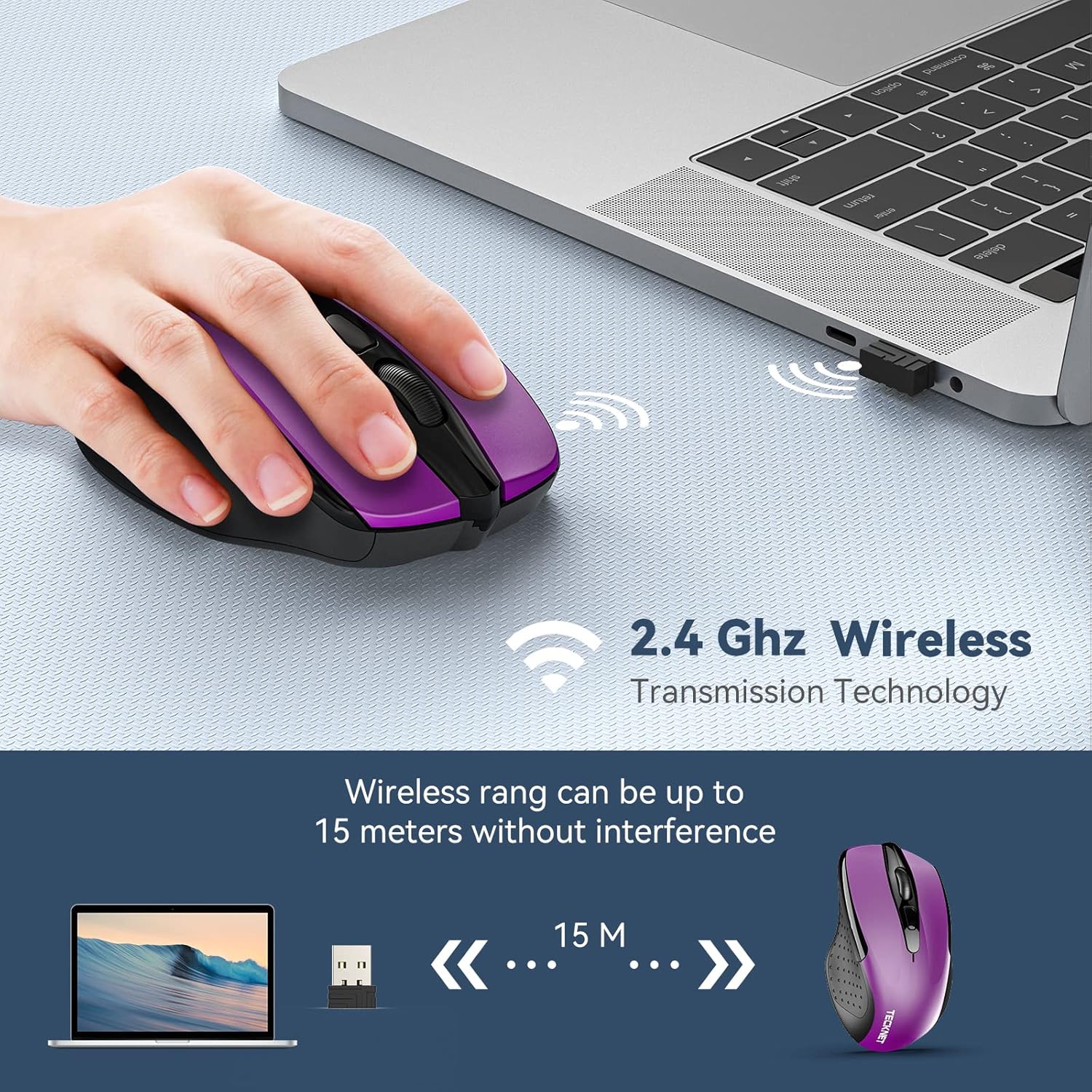 2.4G Wireless Mouse for Laptop, PC, Computer, 6 Buttons 2600 DPI, 5 Adjustment Levels, Purple